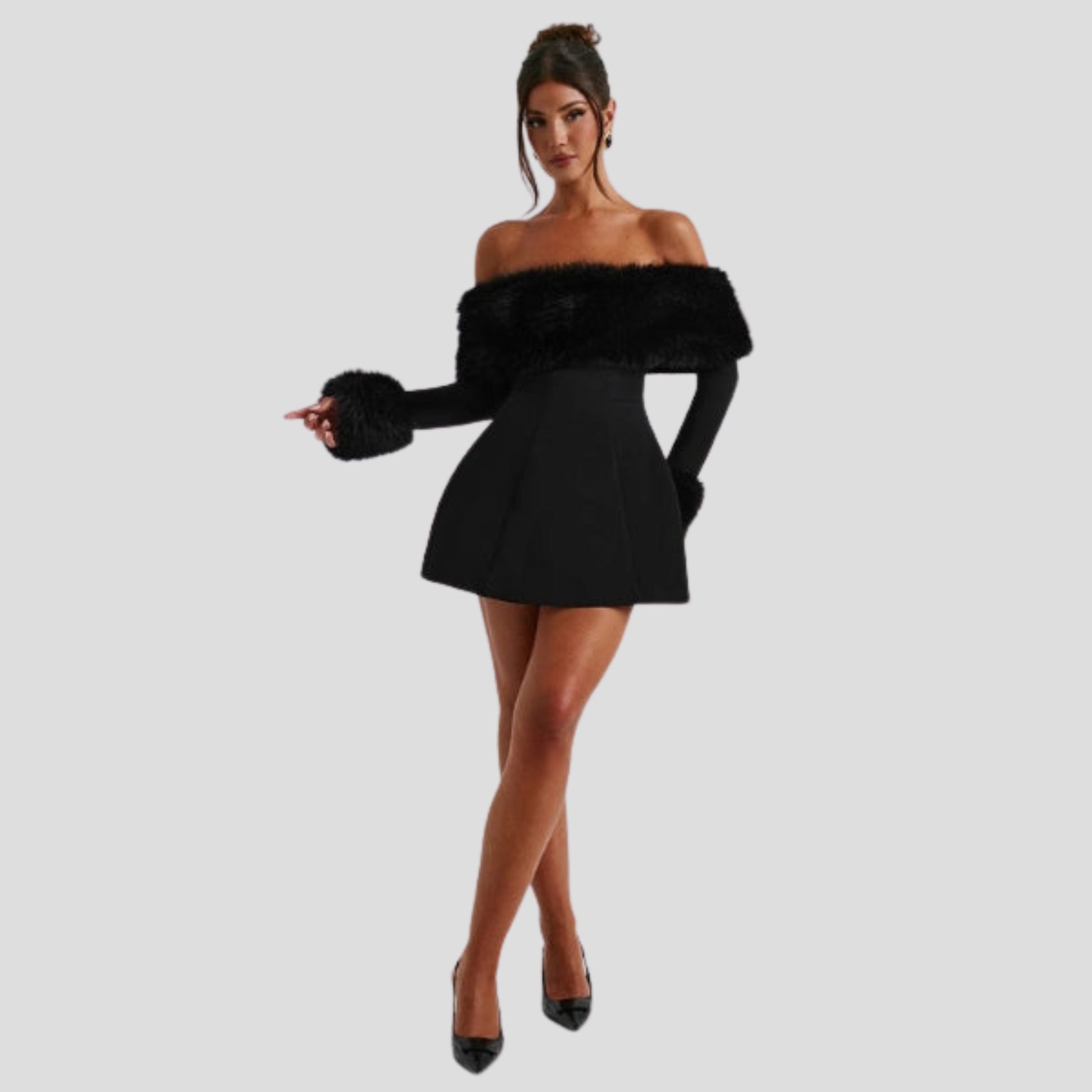 Black off-shoulder mini dress with defined trim silhouette for evening wear
