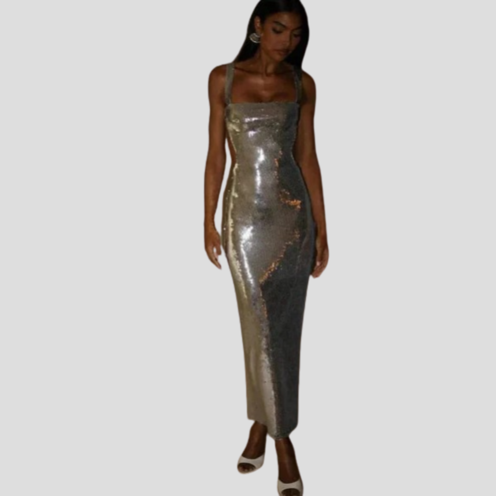 Silver floor-length maxi dress with square neckline and fitted silhouette for evening wear