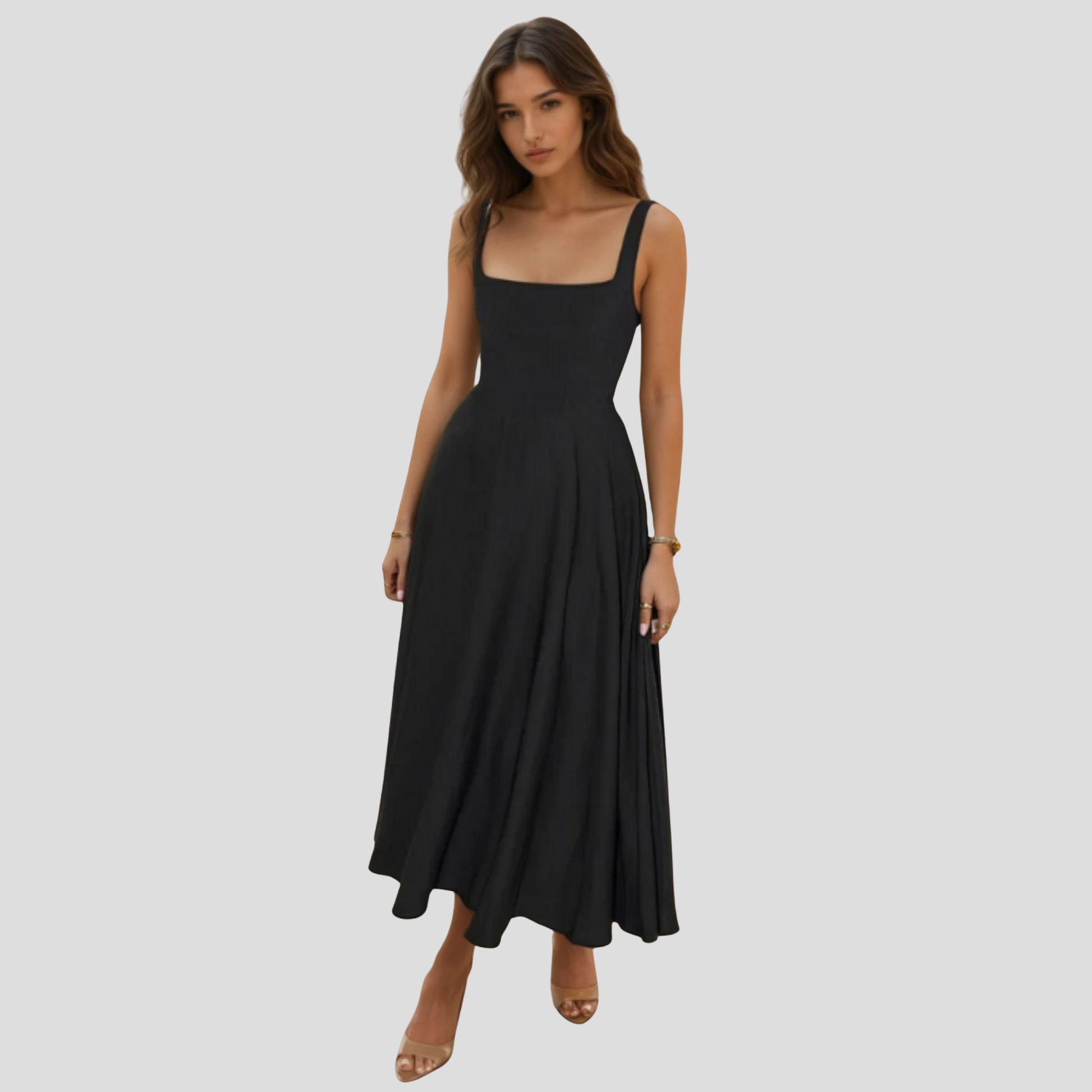 Women's square neckline A-line midi dress in green, white and black