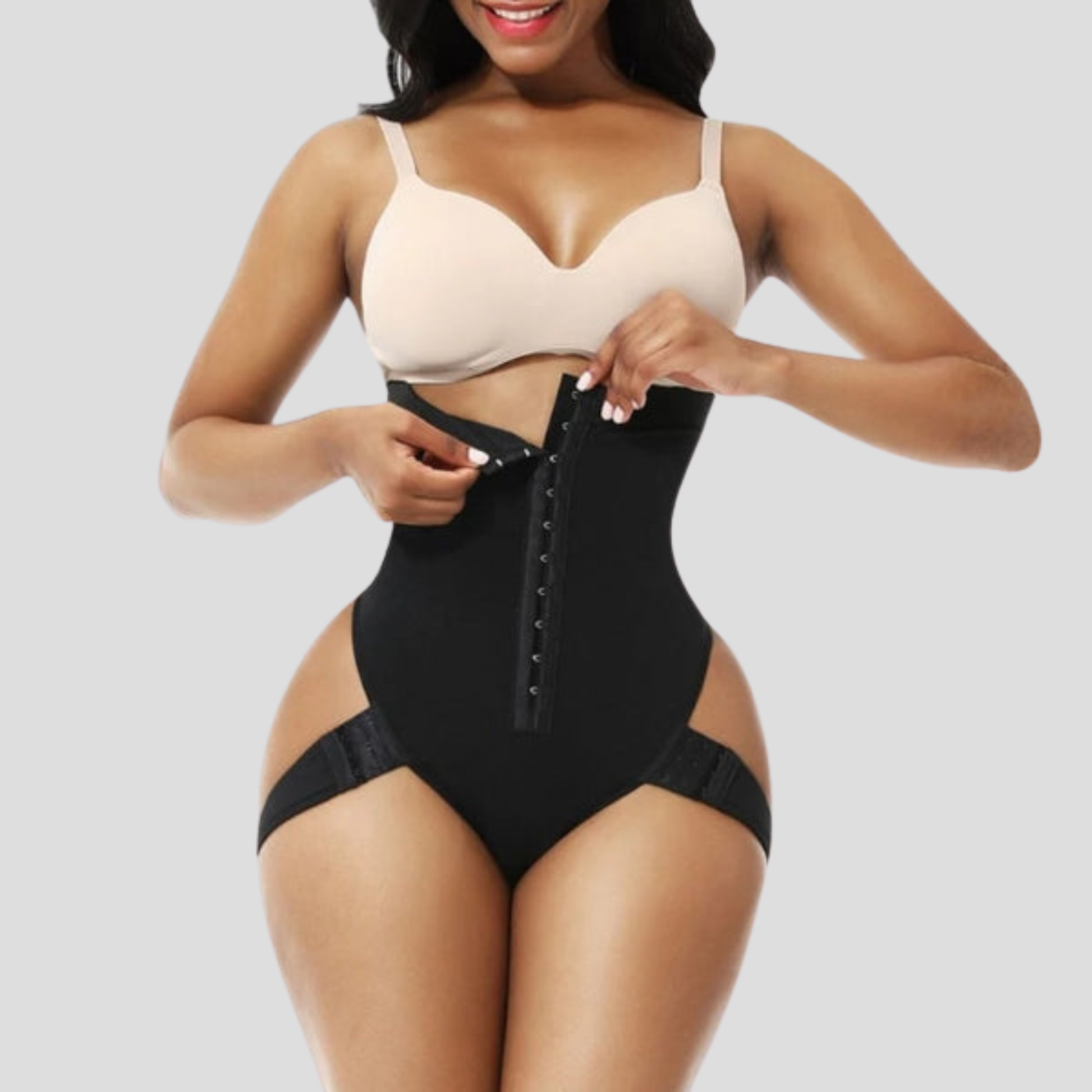 High-waist women's shaping brief with hook-front closure in black and beige