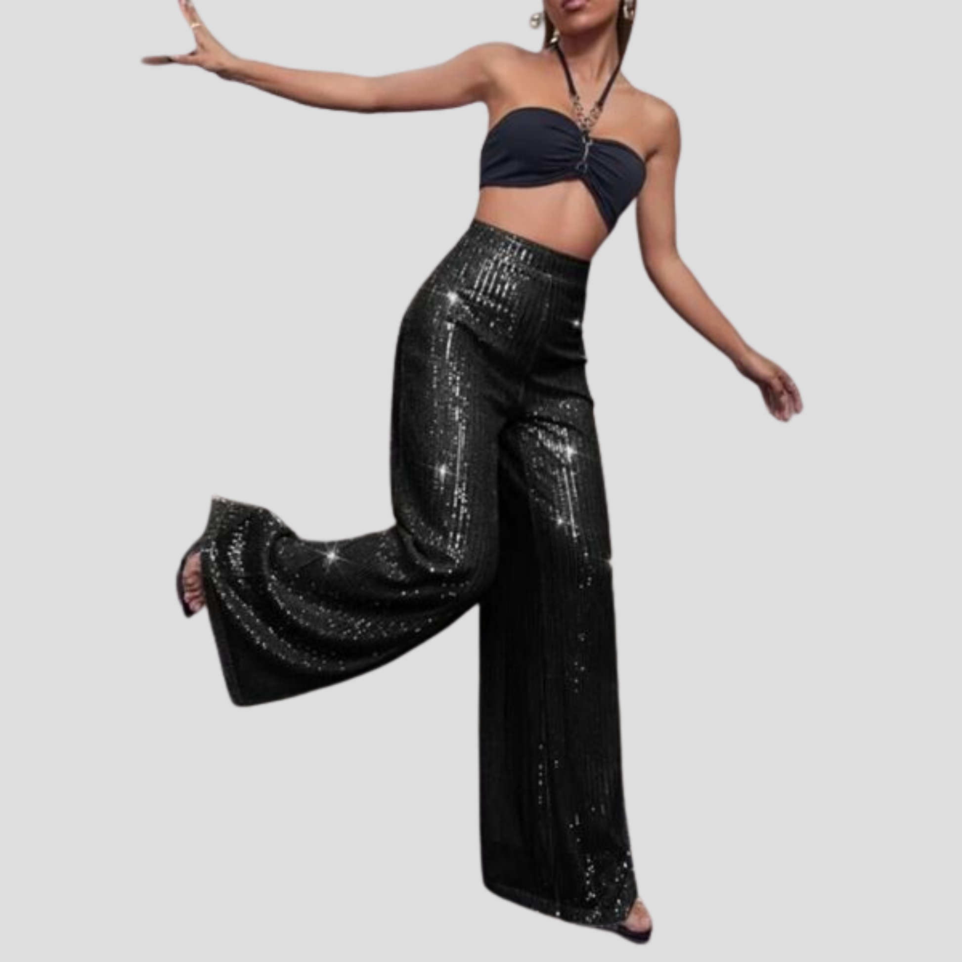 Women's high-waist wide-leg sequin pants in black with shimmering surface detail