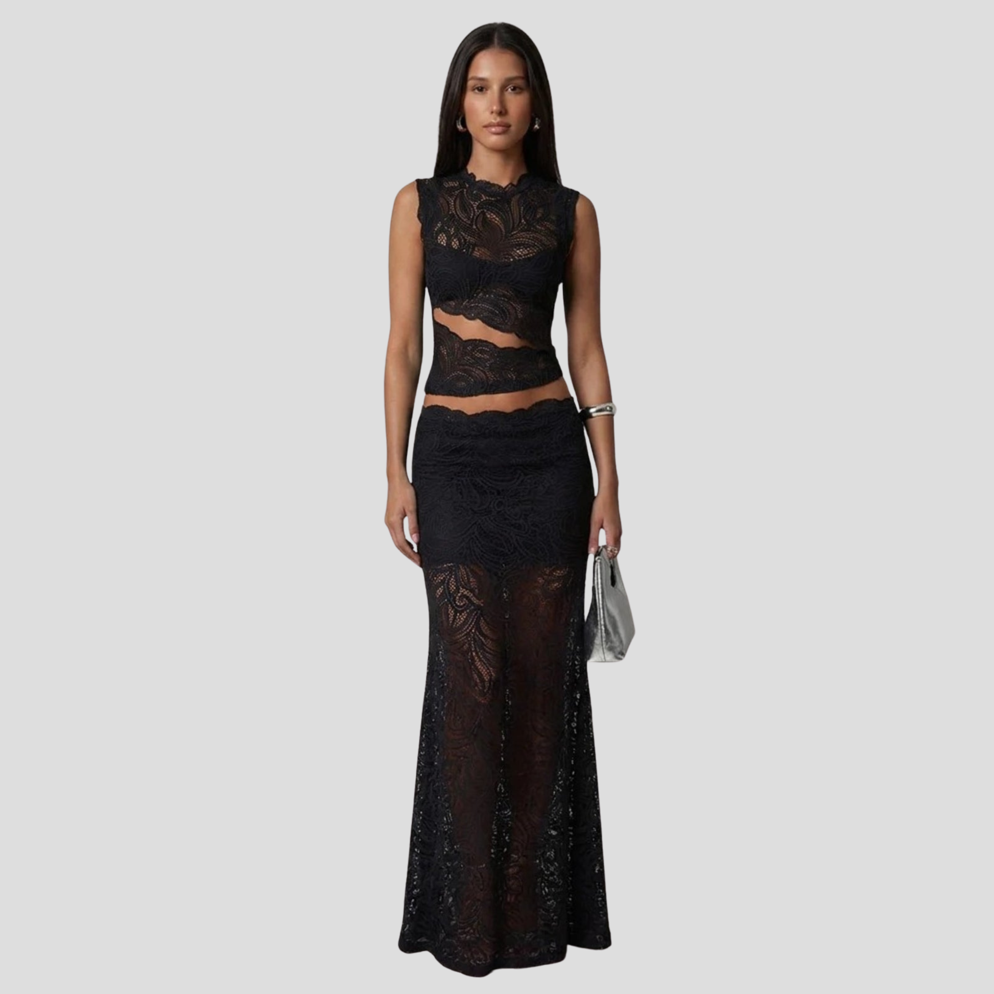 Women's two-piece maxi set with sleeveless cropped top and high-waist skirt in black and red