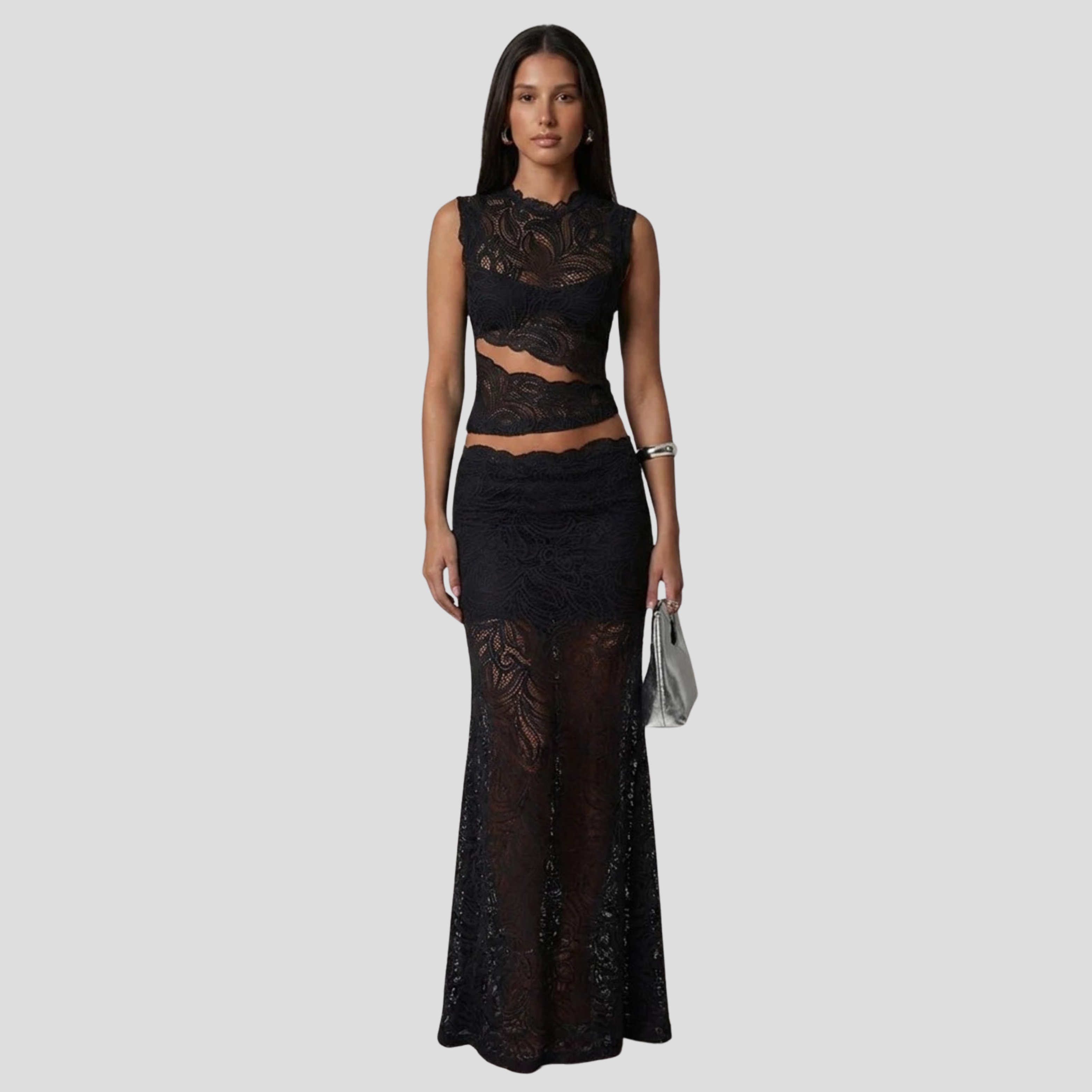 Women's two-piece maxi set with sleeveless cropped top and high-waist skirt in black and red