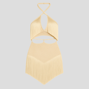 Women's gold crochet top and cascading fringe two-piece occasion set