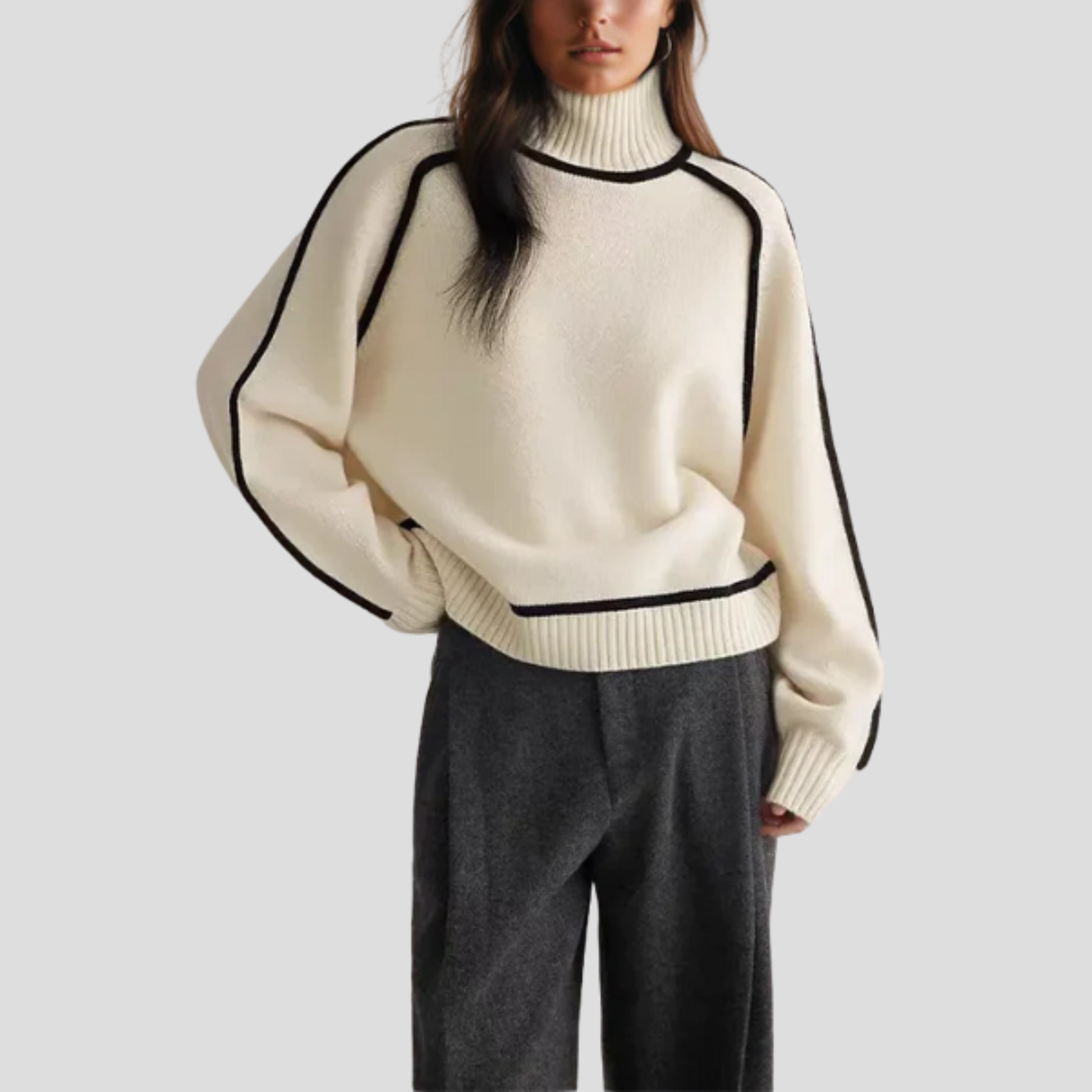 Women's high neck long sleeve sweater with a clean, structured silhouette