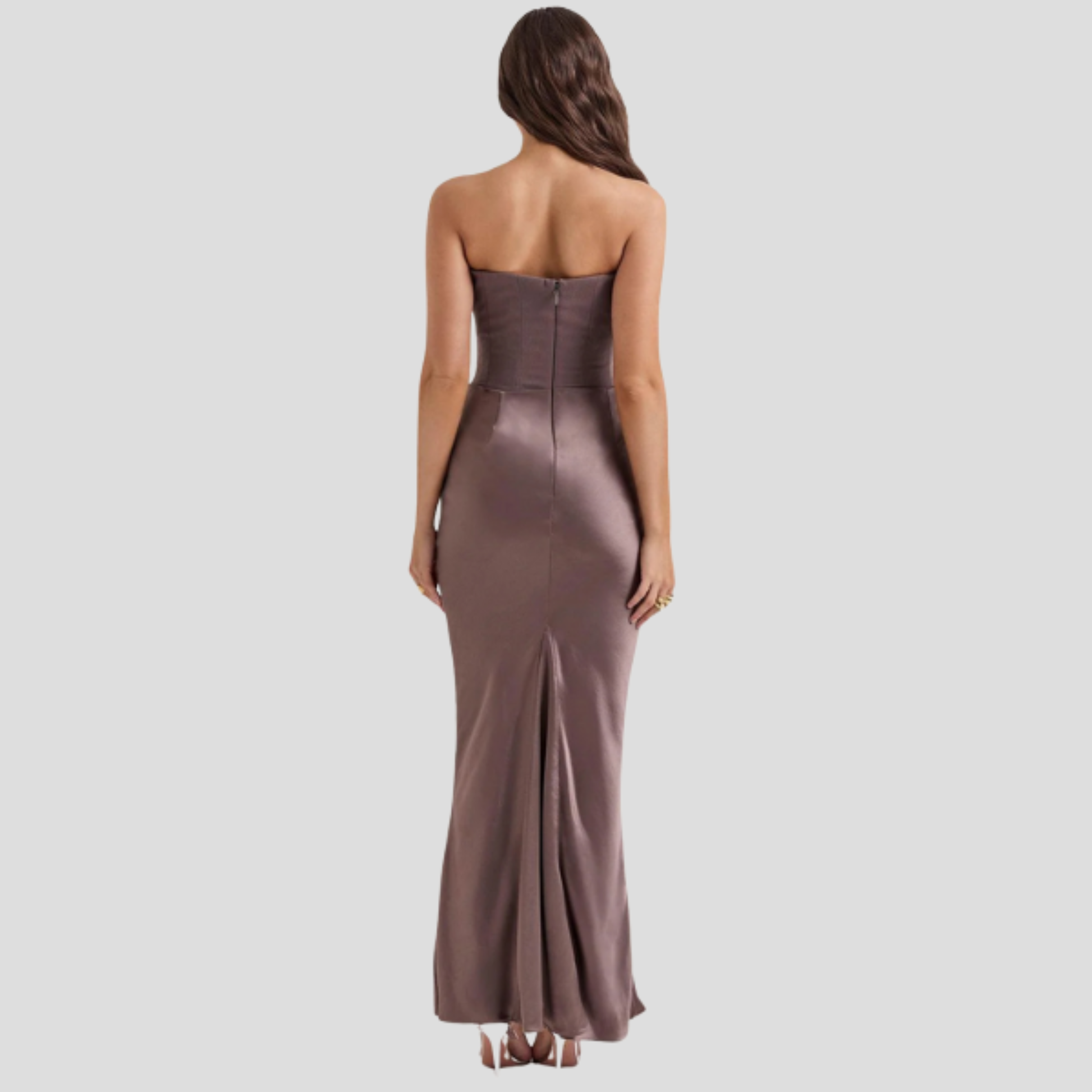 Strapless corset bodice maxi dress with draped waist in a full-length evening silhouette