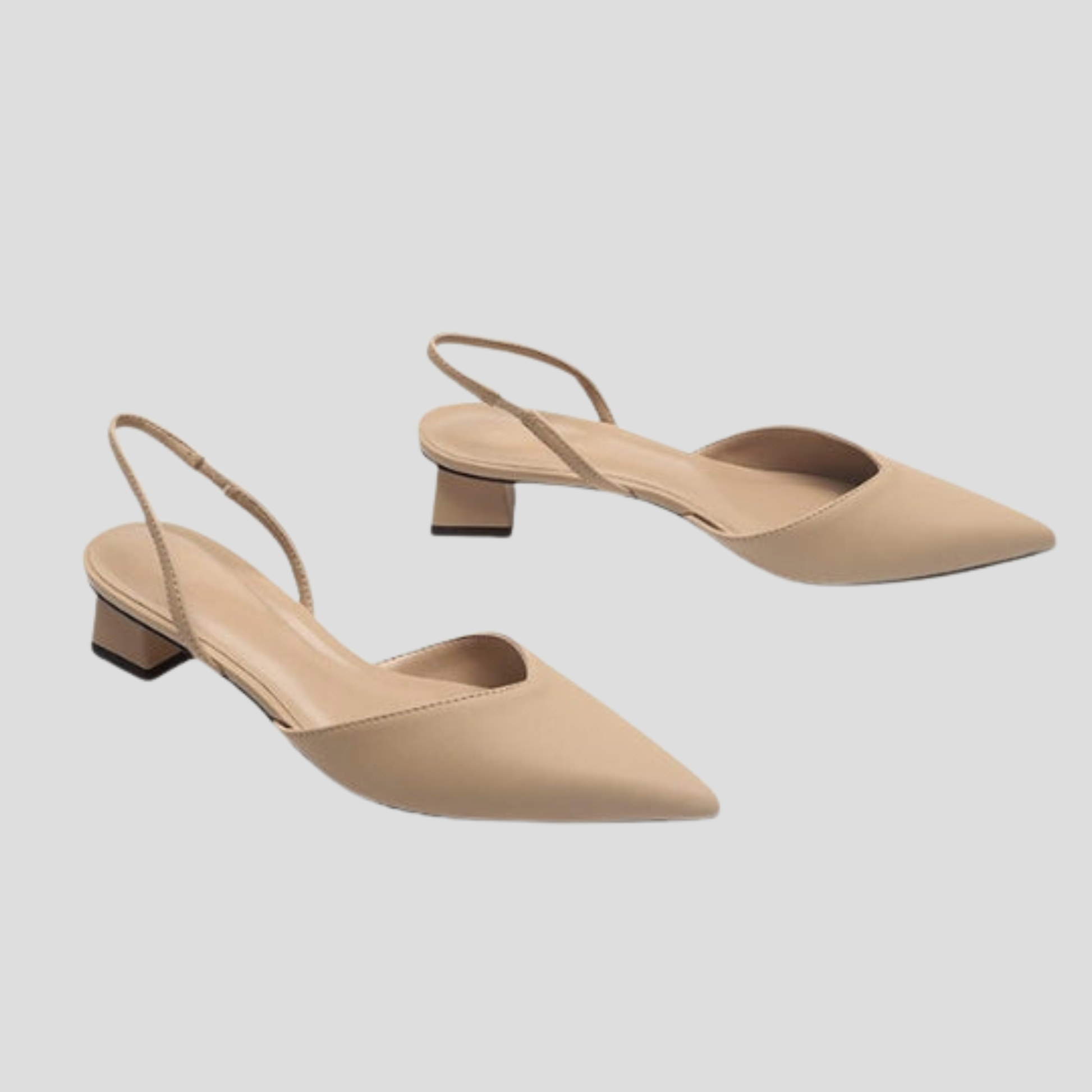 Women's slingback block heel with pointed toe in white, black, and beige