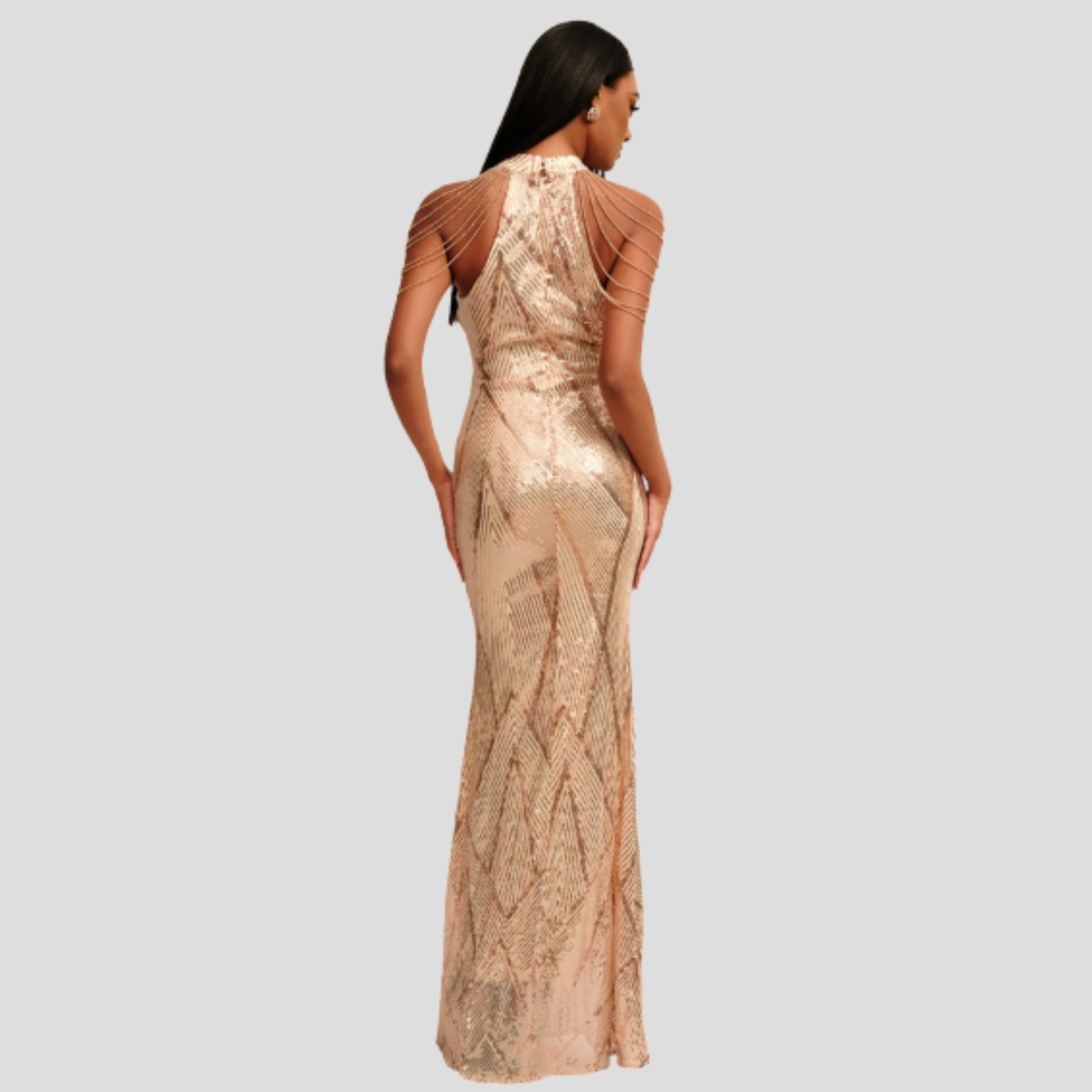 Women's fitted sequin evening gown with halter neckline in gold