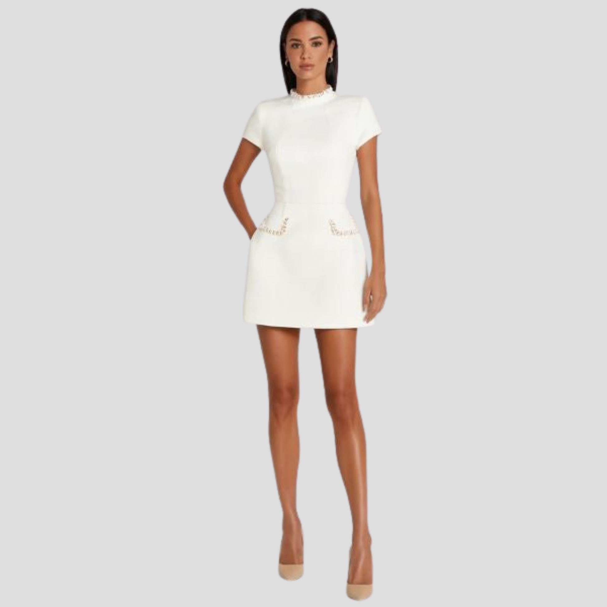 Structured mock neck mini dress with pearl-trim detailing in black and white