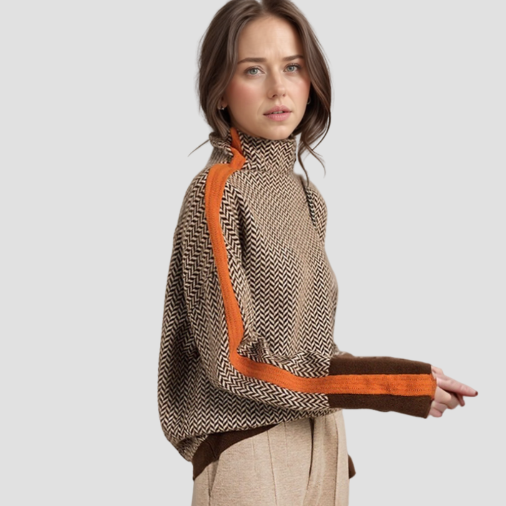 Women's orange cowl neck jumper with contrast striped sleeves