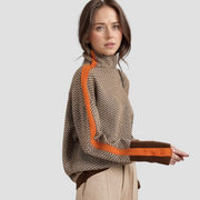 Women's orange cowl neck jumper with contrast striped sleeves