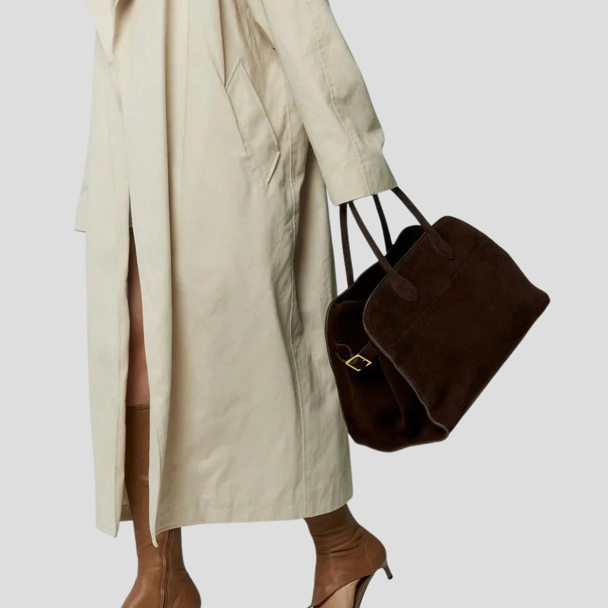Brown structured tote bag with buckle detail for everyday wear