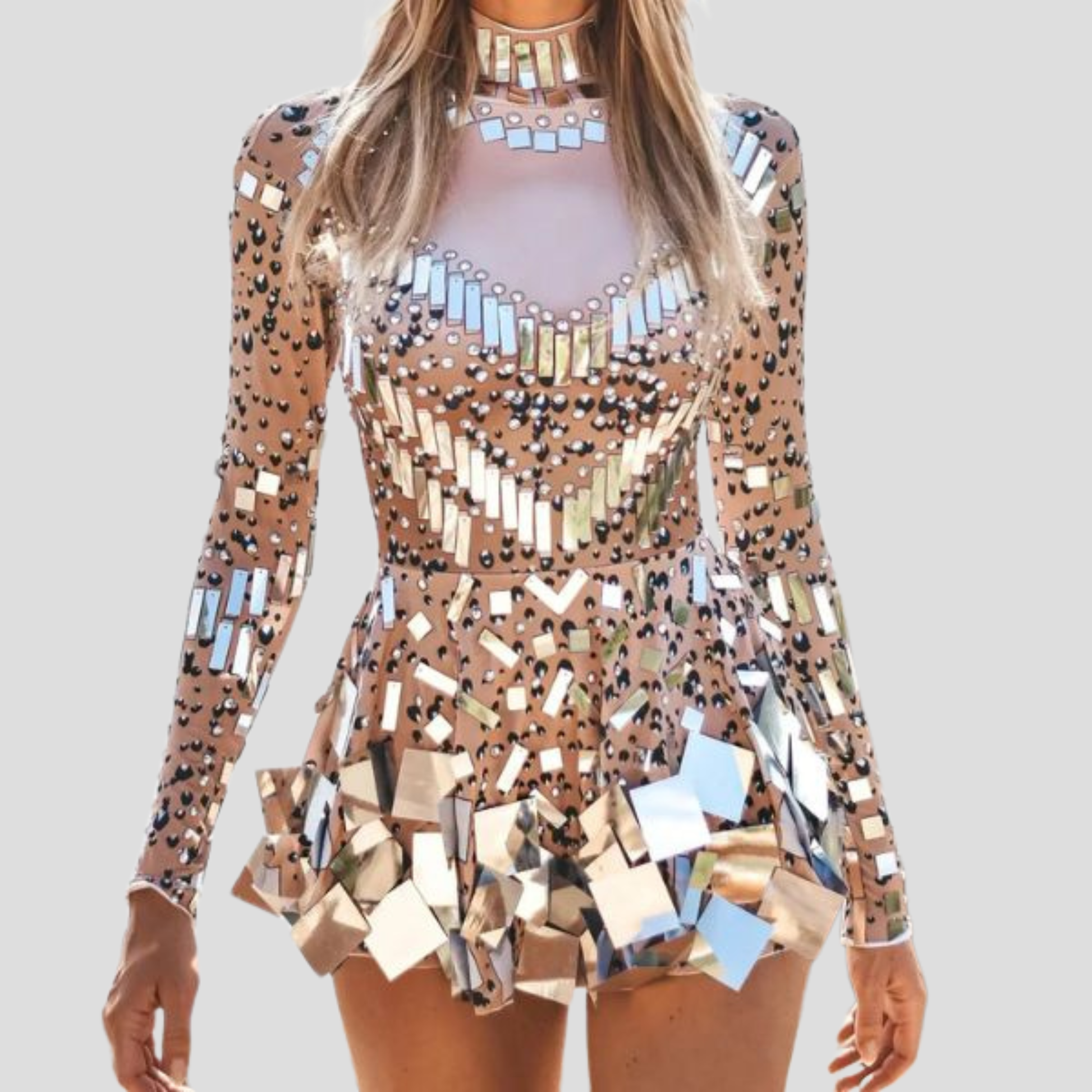 Women's long sleeve fitted sequin evening dress in gold and black