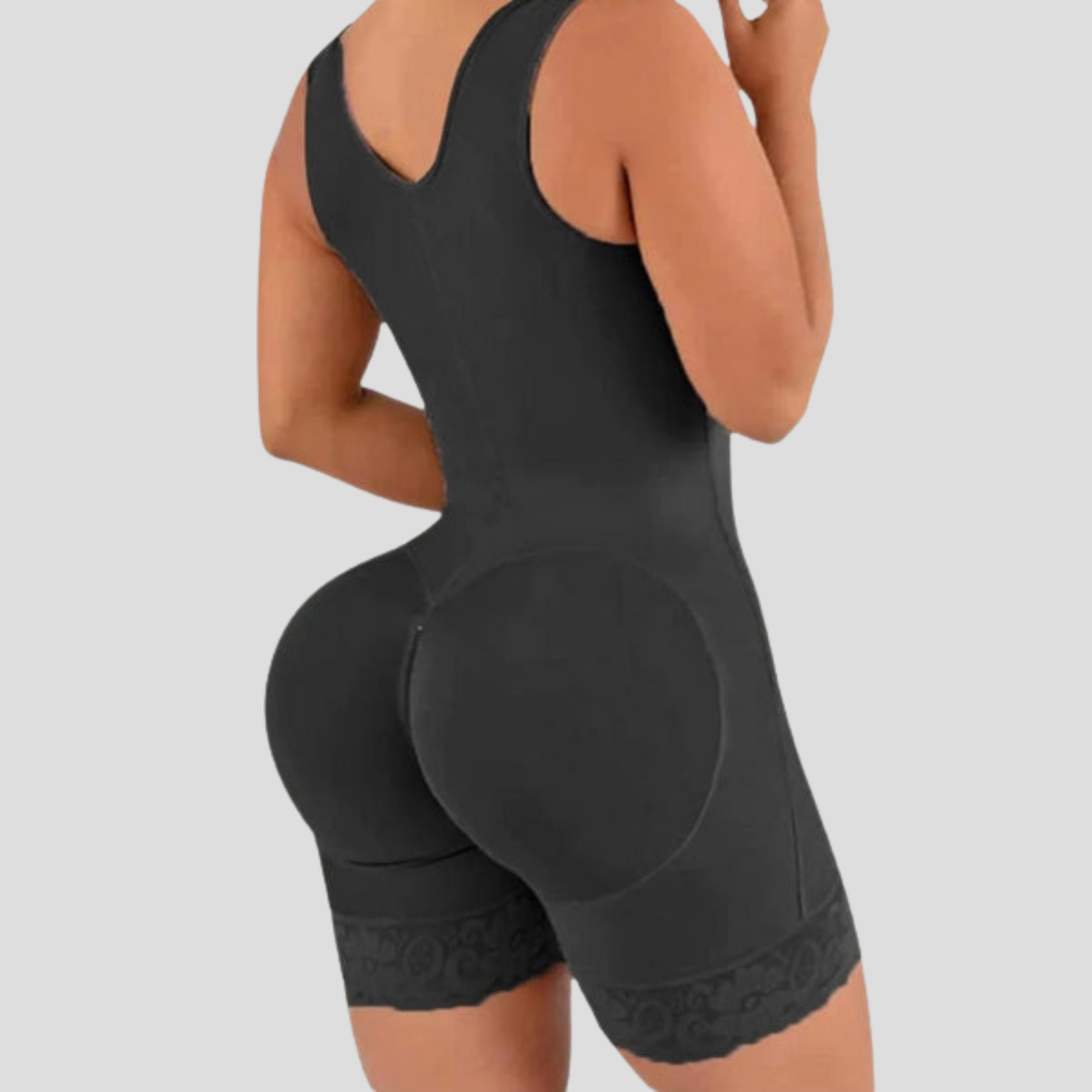 Women's full-length sculpting bodysuit with hook-front closure in black and beige