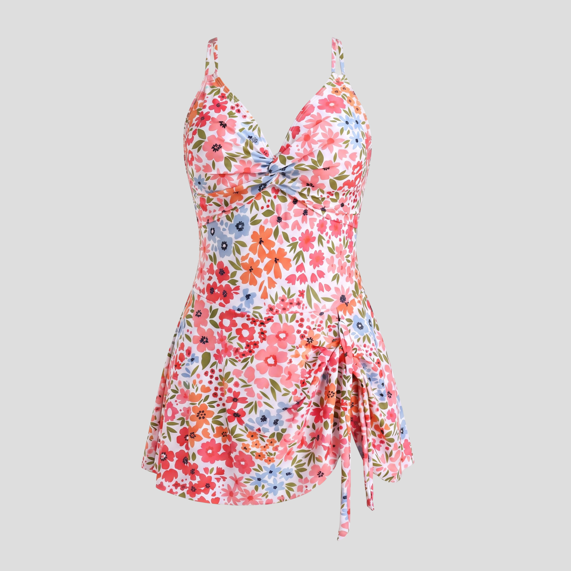 Women's twist-front one-piece swimsuit with skirted overlay and crossover back