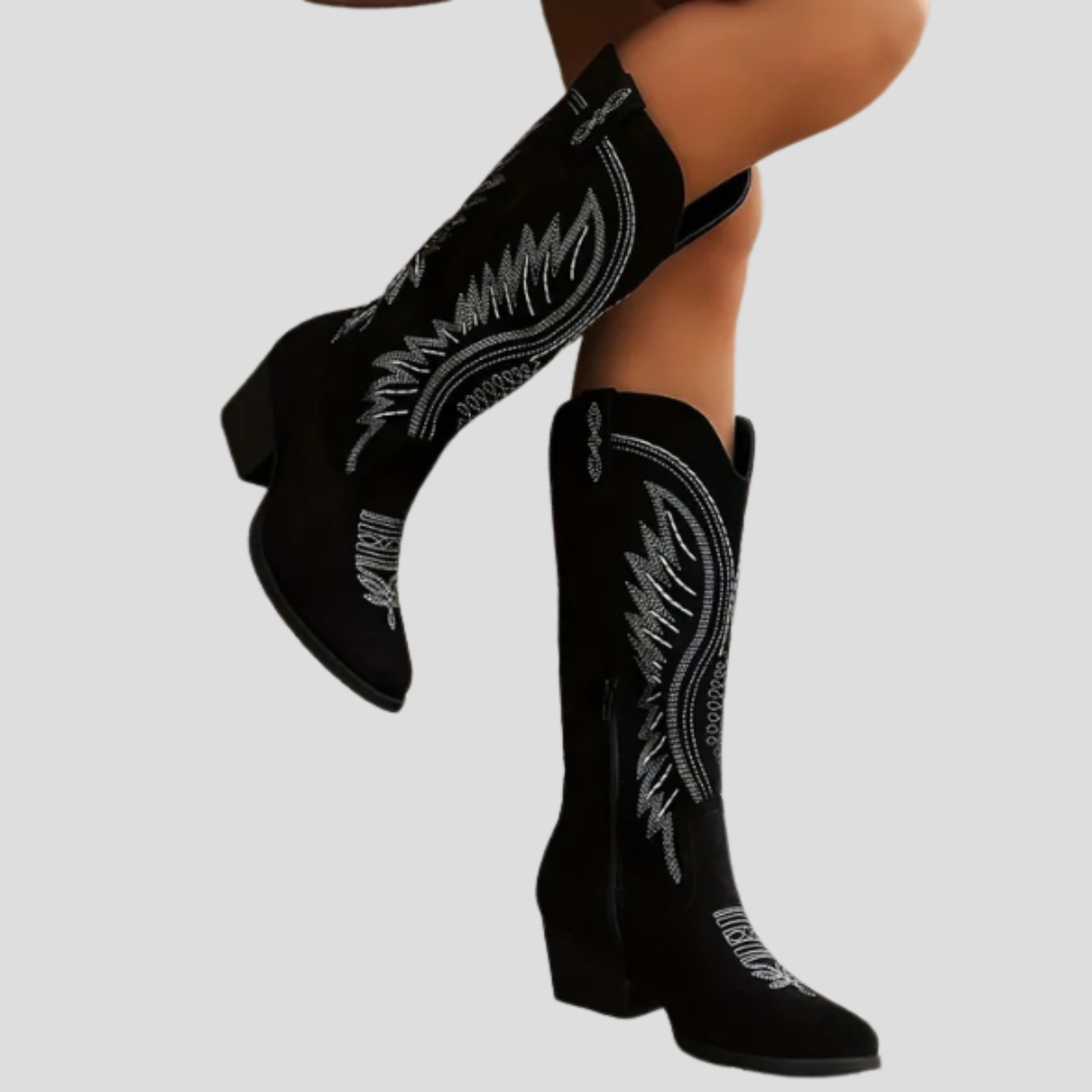 Women's Western-style embroidered pointed-toe boots with block heel