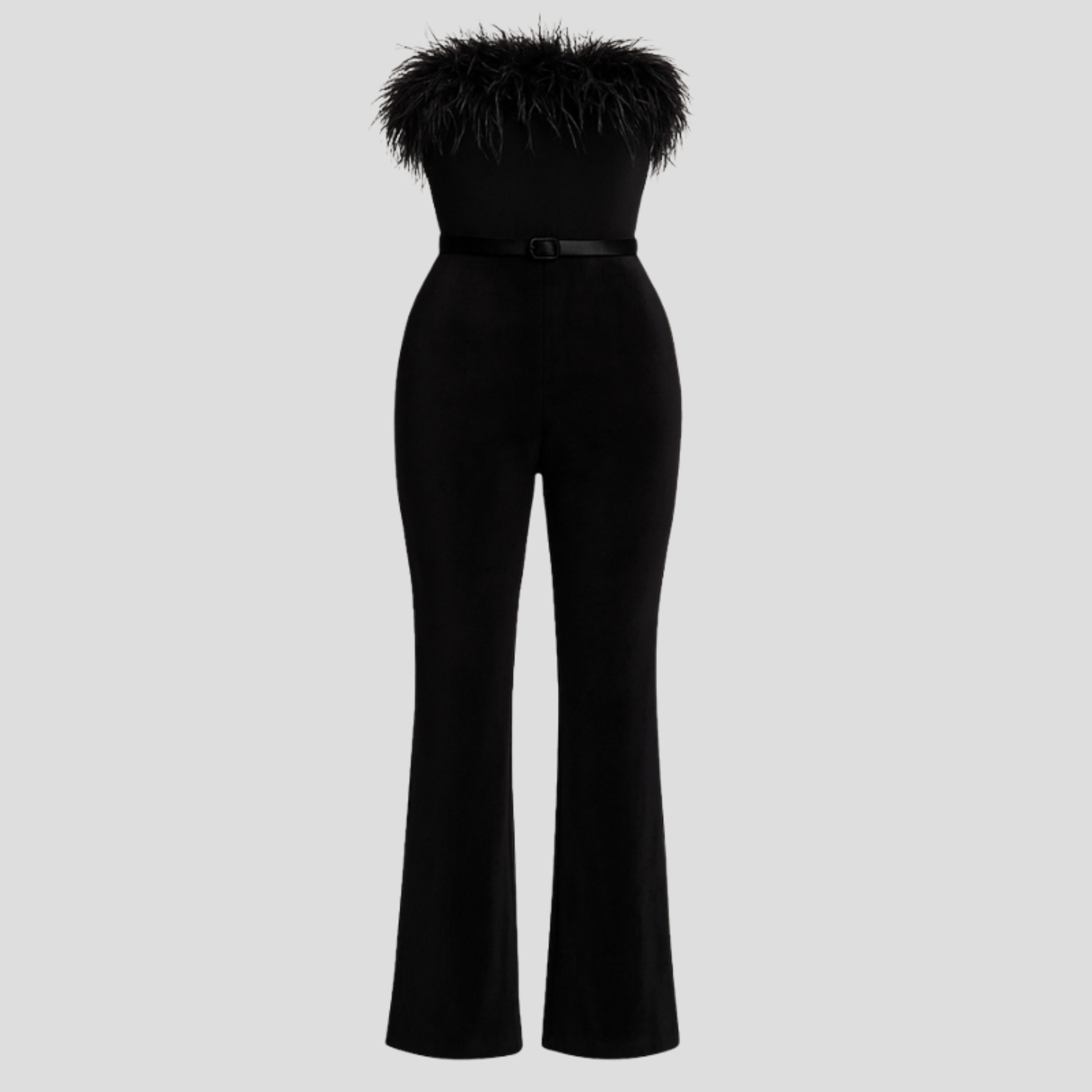 Women's strapless jumpsuit with feather-trim detail in white and black