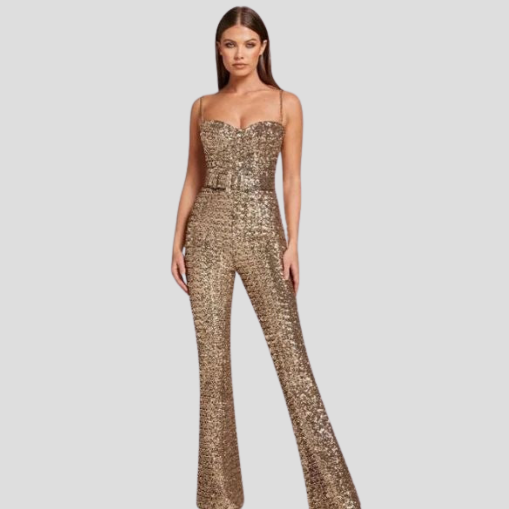 Women's strapless gold jumpsuit with a belted waist