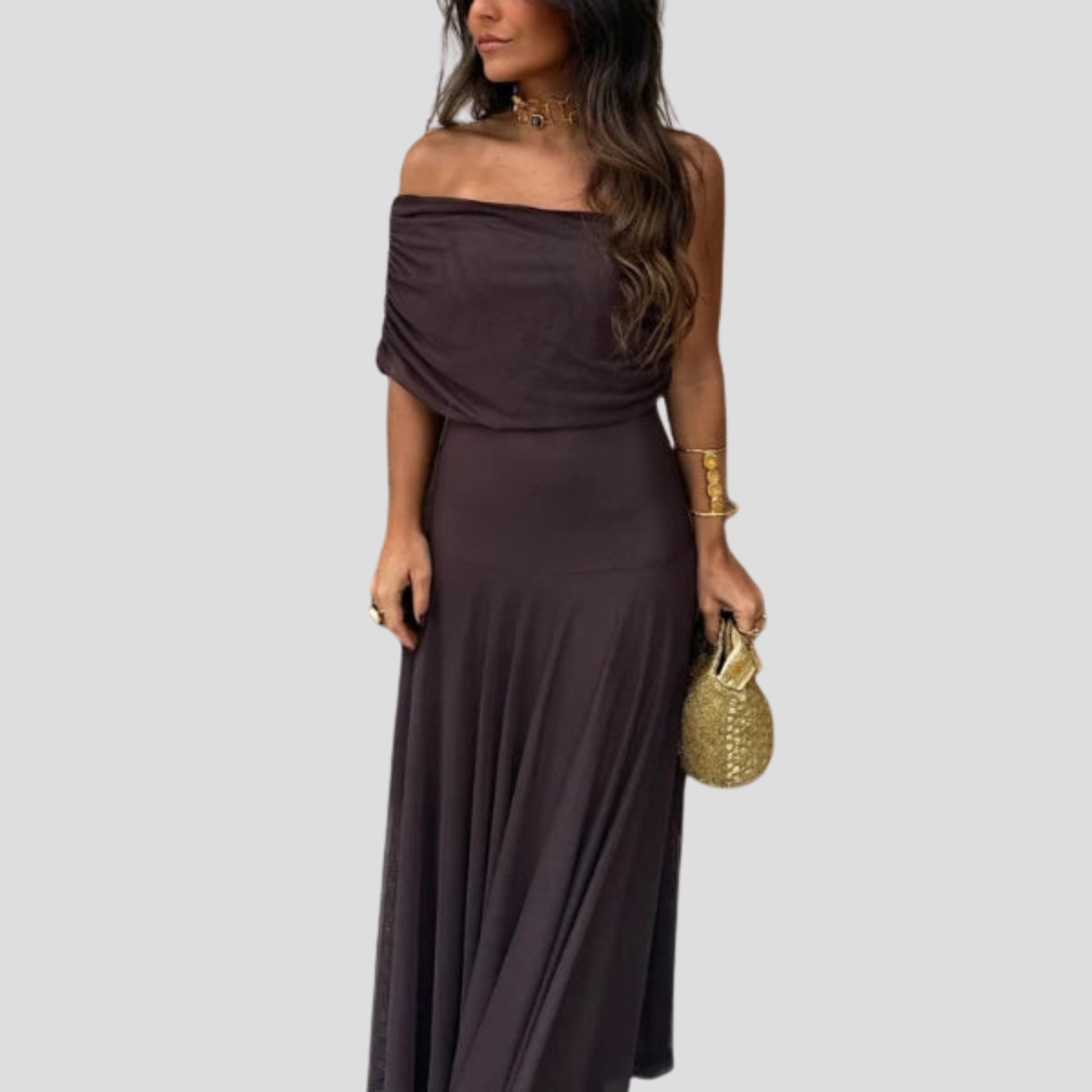 Brown off-shoulder maxi dress with sheer overlay and floor-length silhouette for evening wear