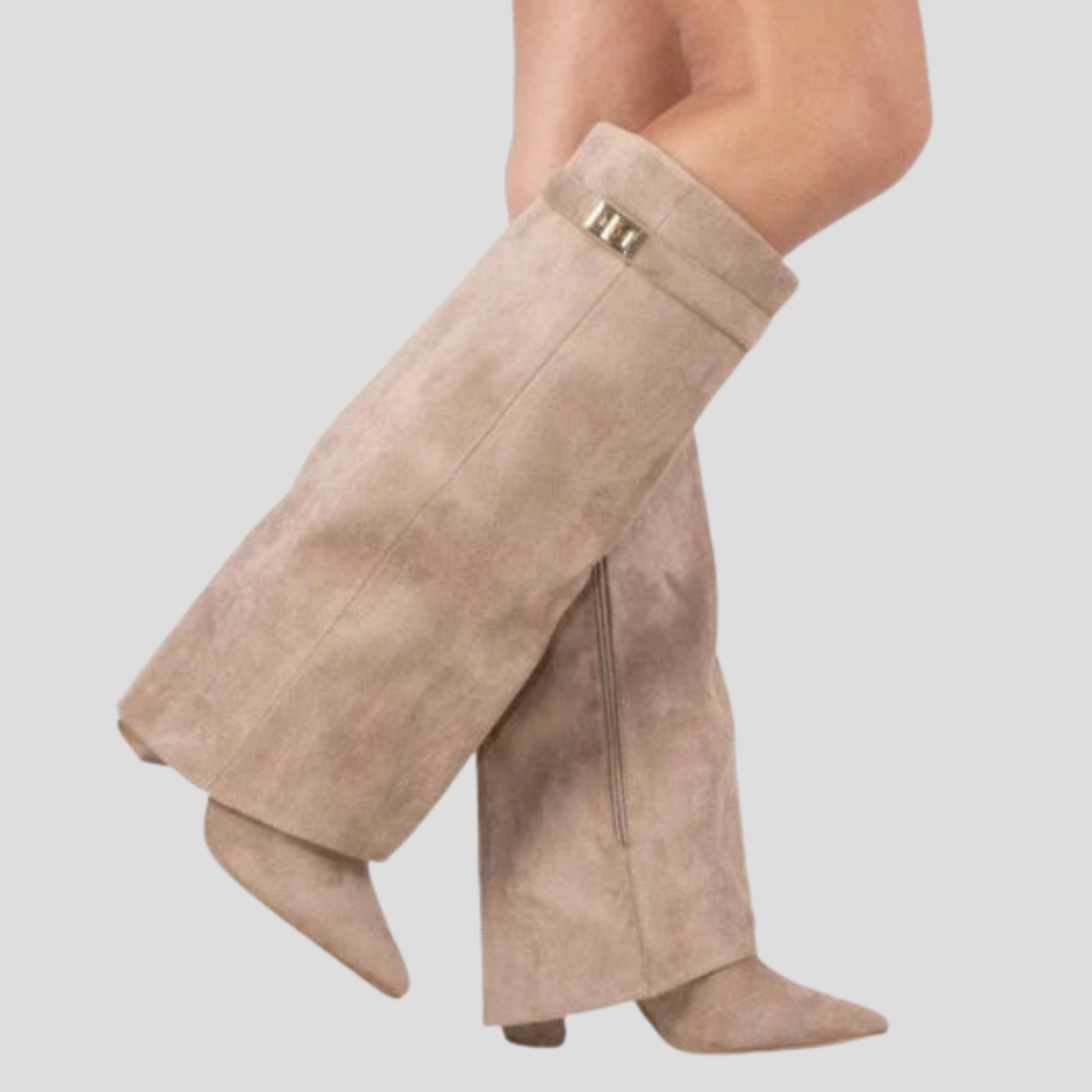 Women's knee-high boots with flared shaft and sculpted silhouette in neutral tones
