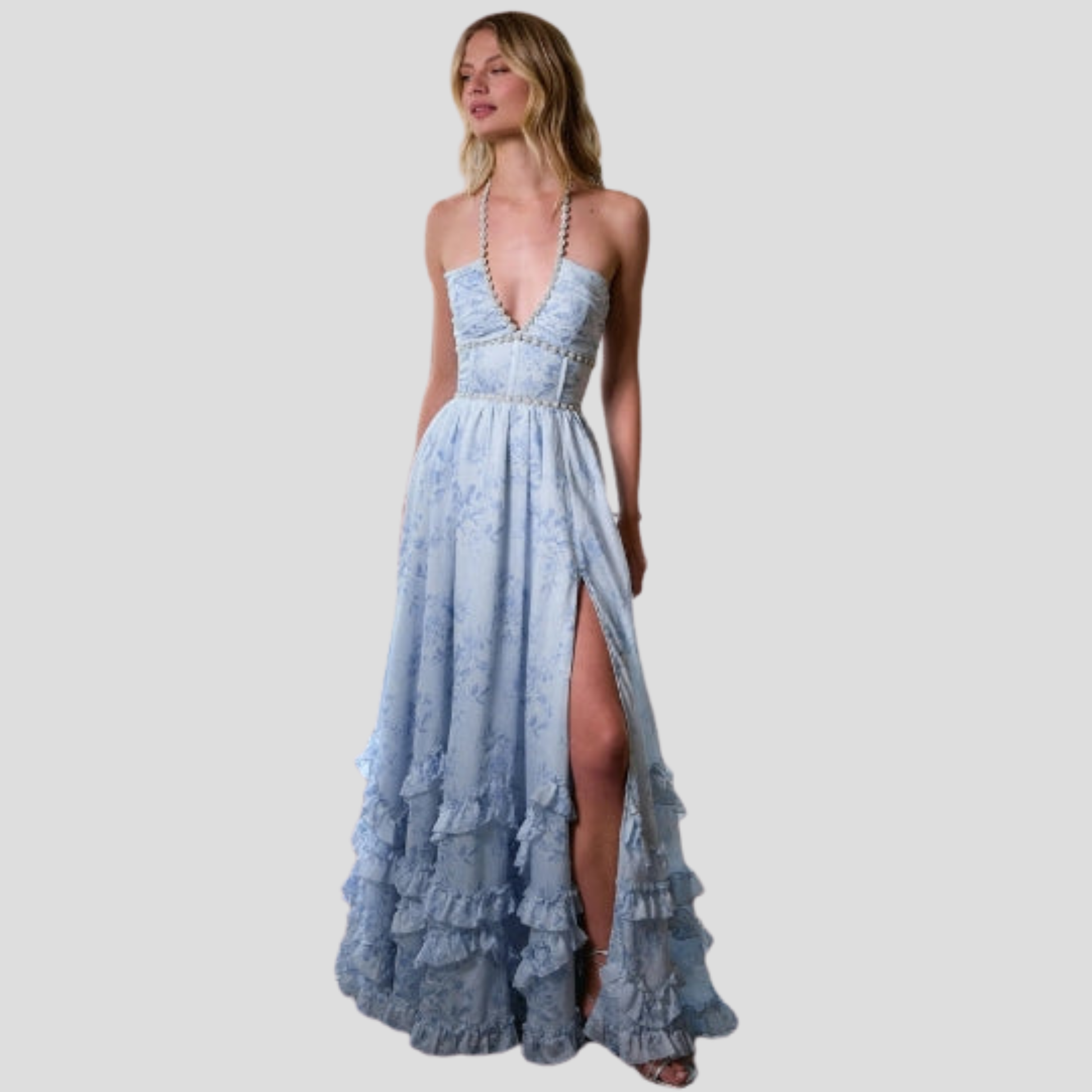 Blue maxi dress with corset bodice and ruffled hem for evening wear