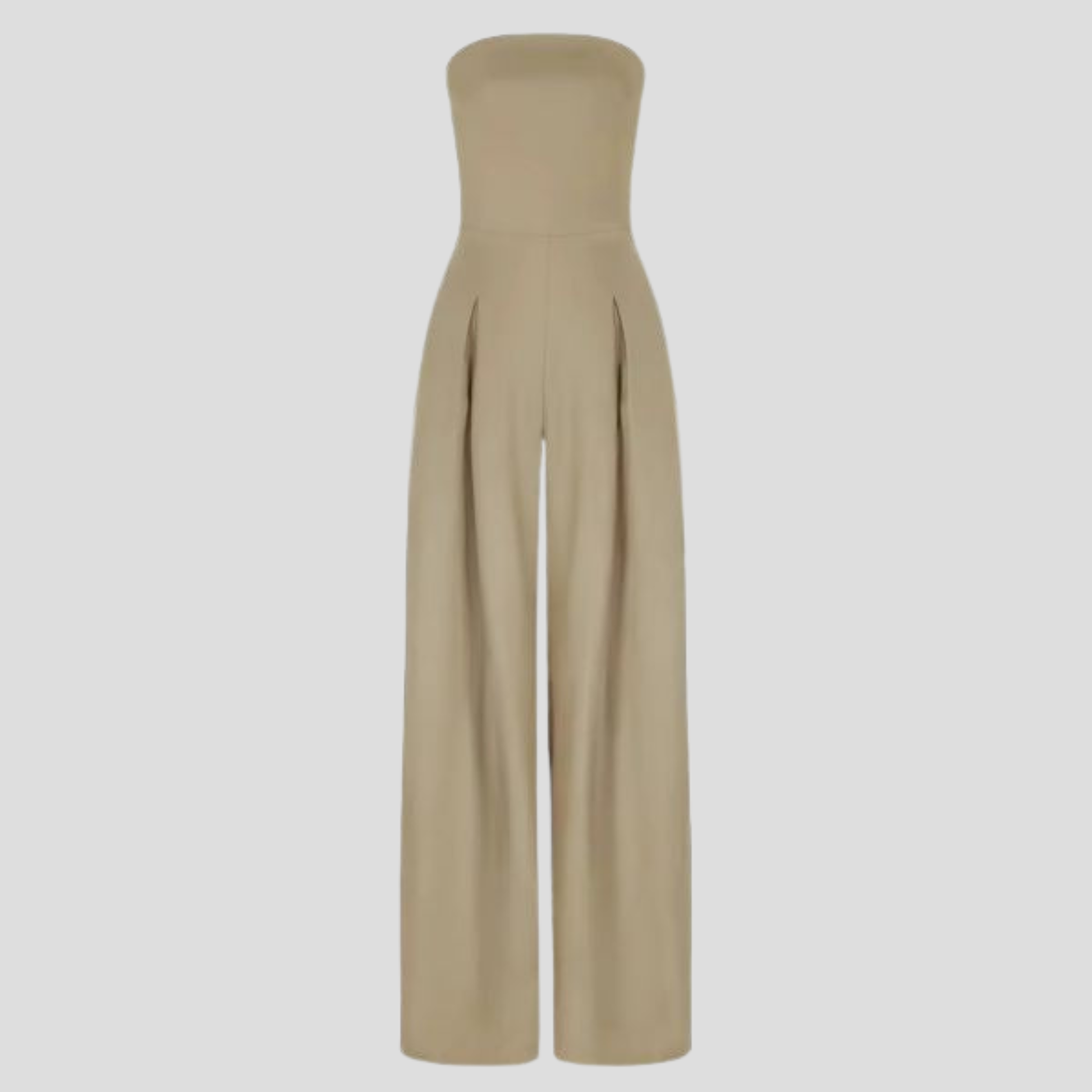 Women's strapless straight-leg jumpsuit shown in black, beige, and navy