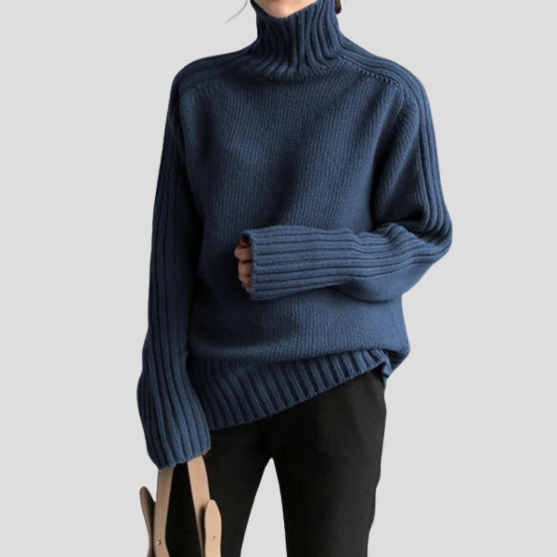 Navy blue ribbed high neck sweater with relaxed silhouette and extended cuffs