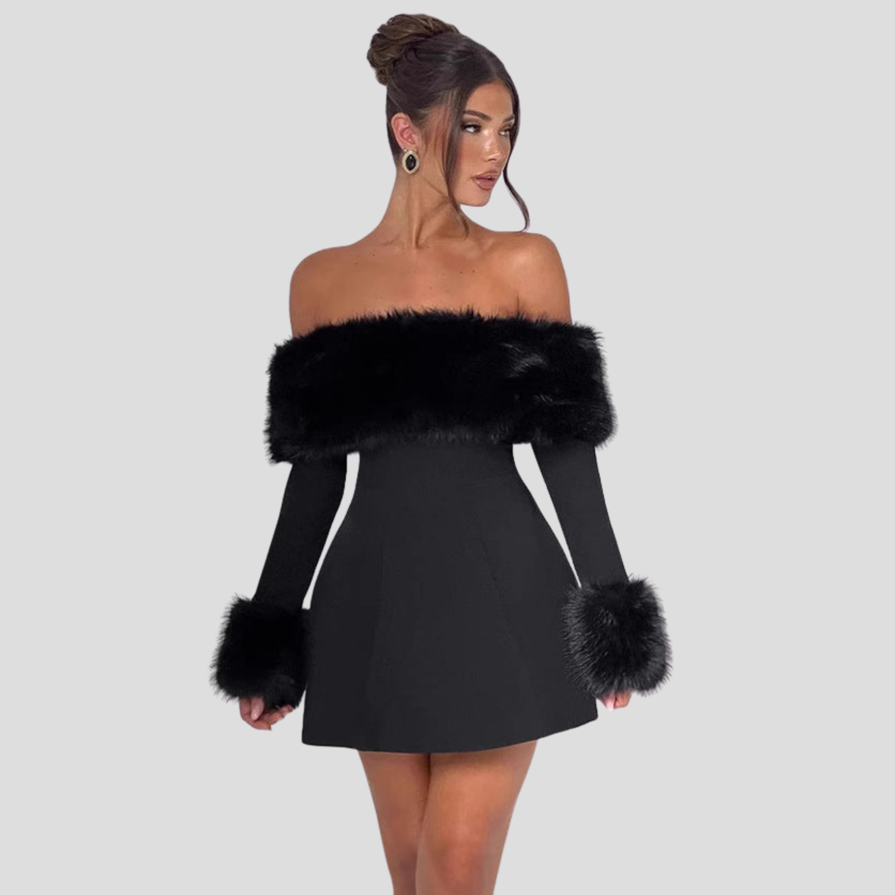 Black off-shoulder mini dress with flared hem for evening wear
