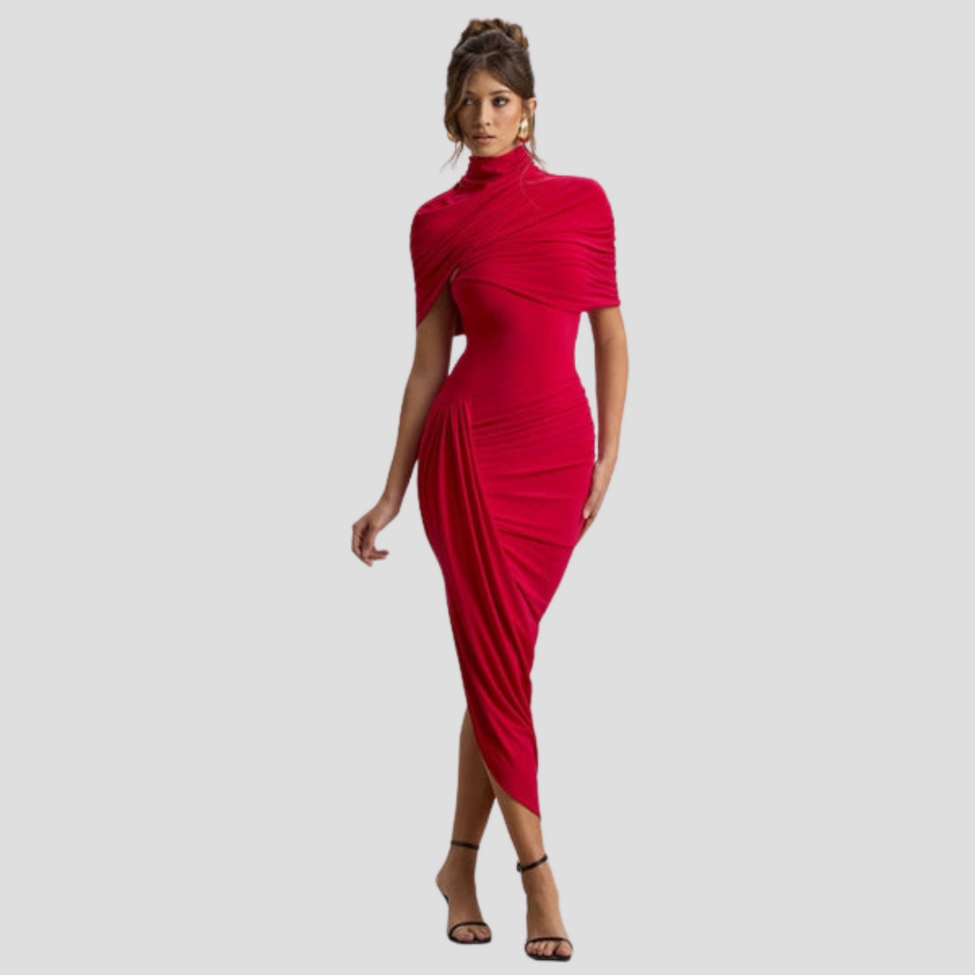 Women's high-neck maxi dress with cape overlay and asymmetrical hem for evening wear