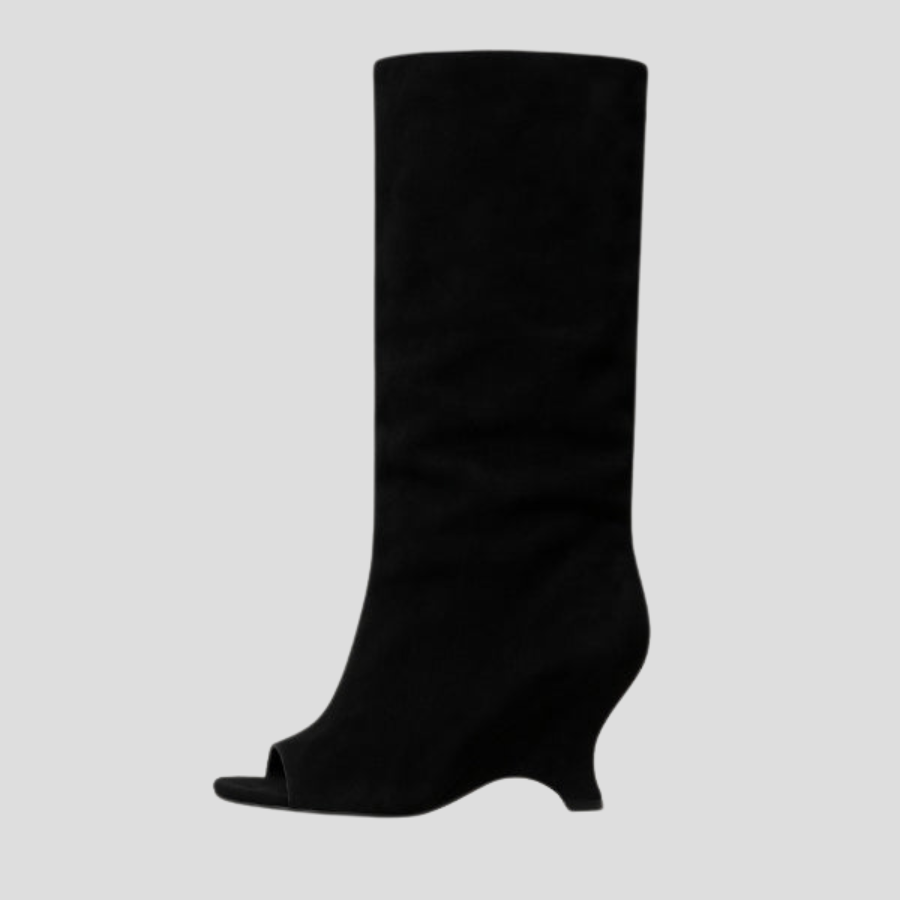 Women's open-toe knee-high boots with a clean vertical structure, shown in a neutral tone