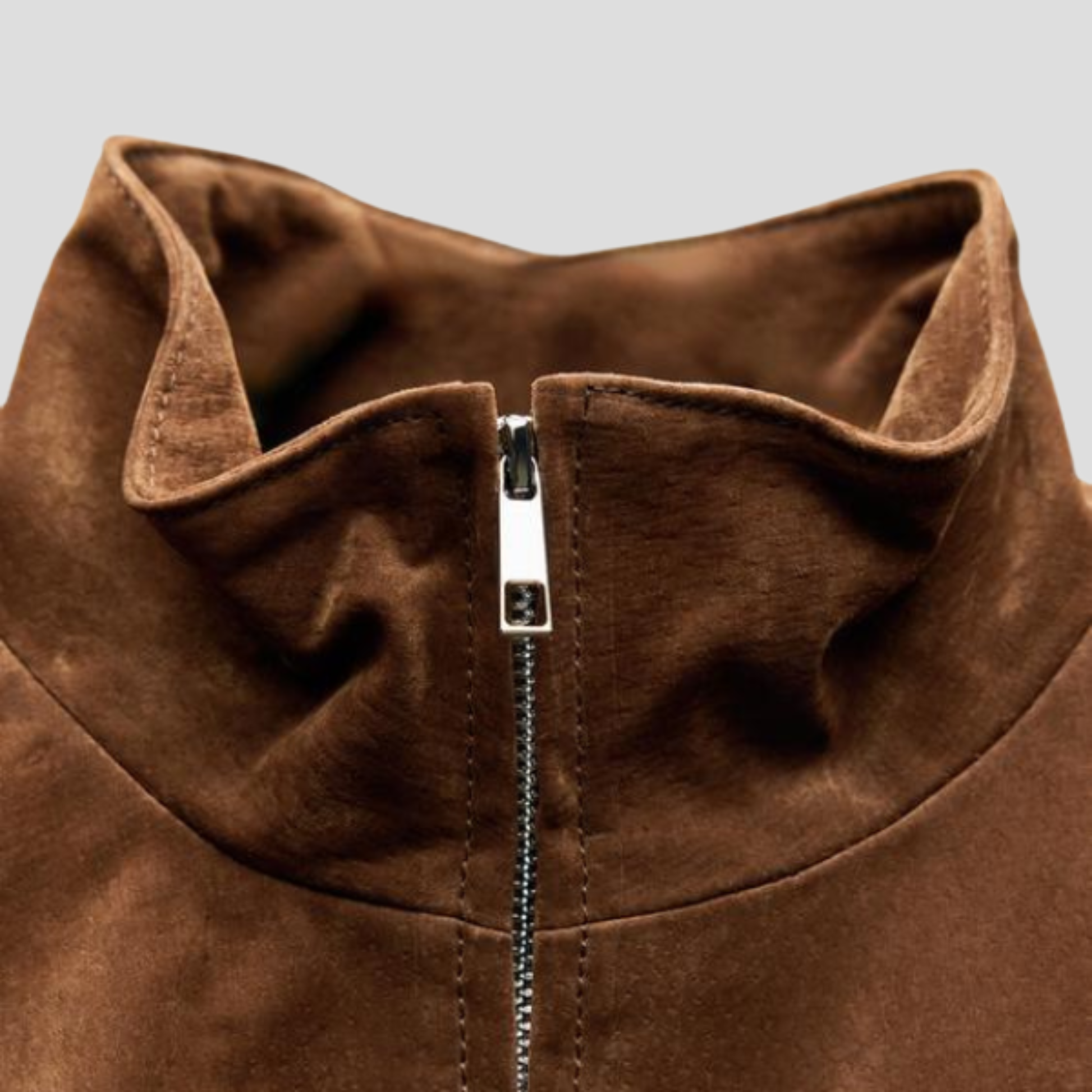 Brown cropped women's jacket with high collar and front zip detail
