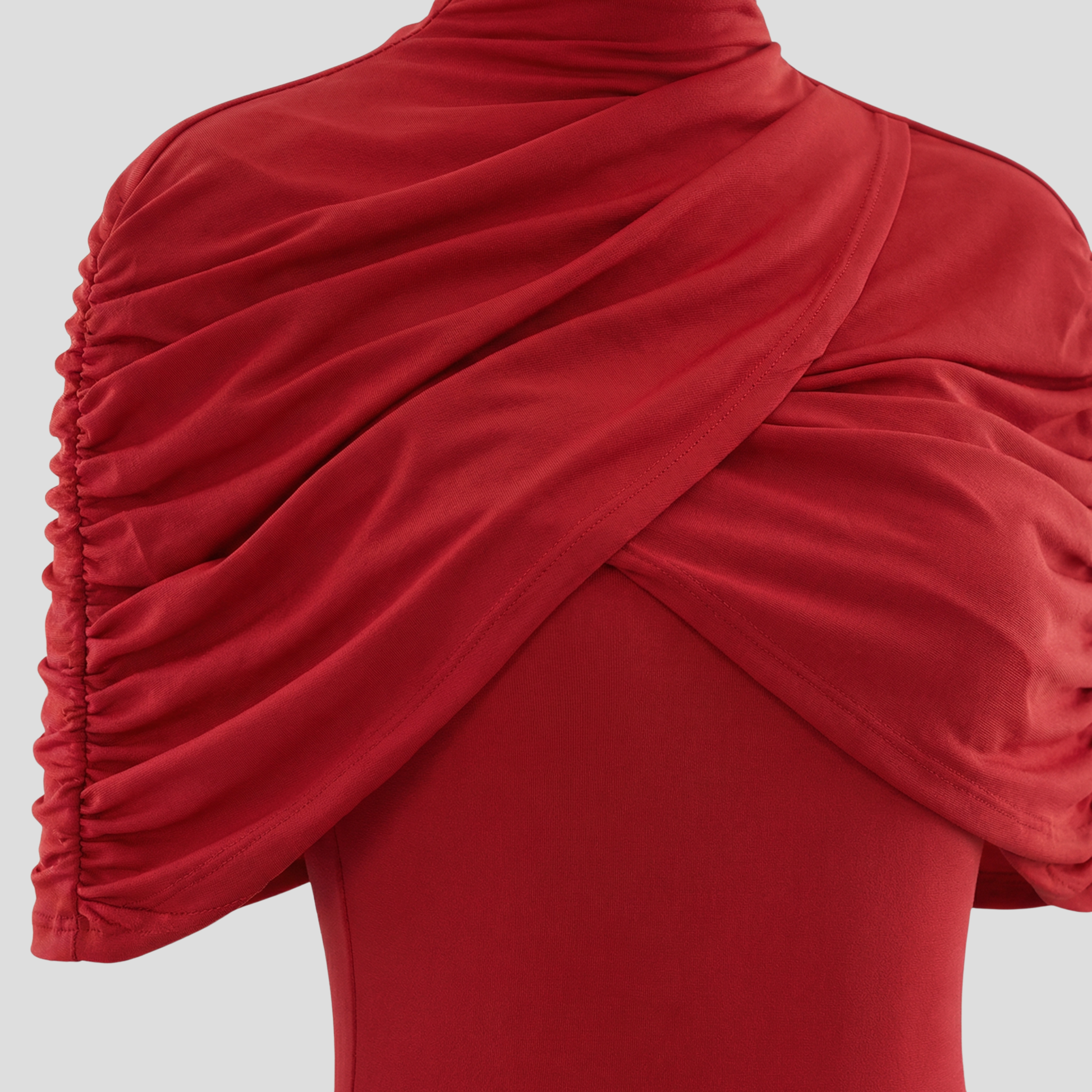 Women's high-neck maxi dress with cape overlay and asymmetrical hem for evening wear