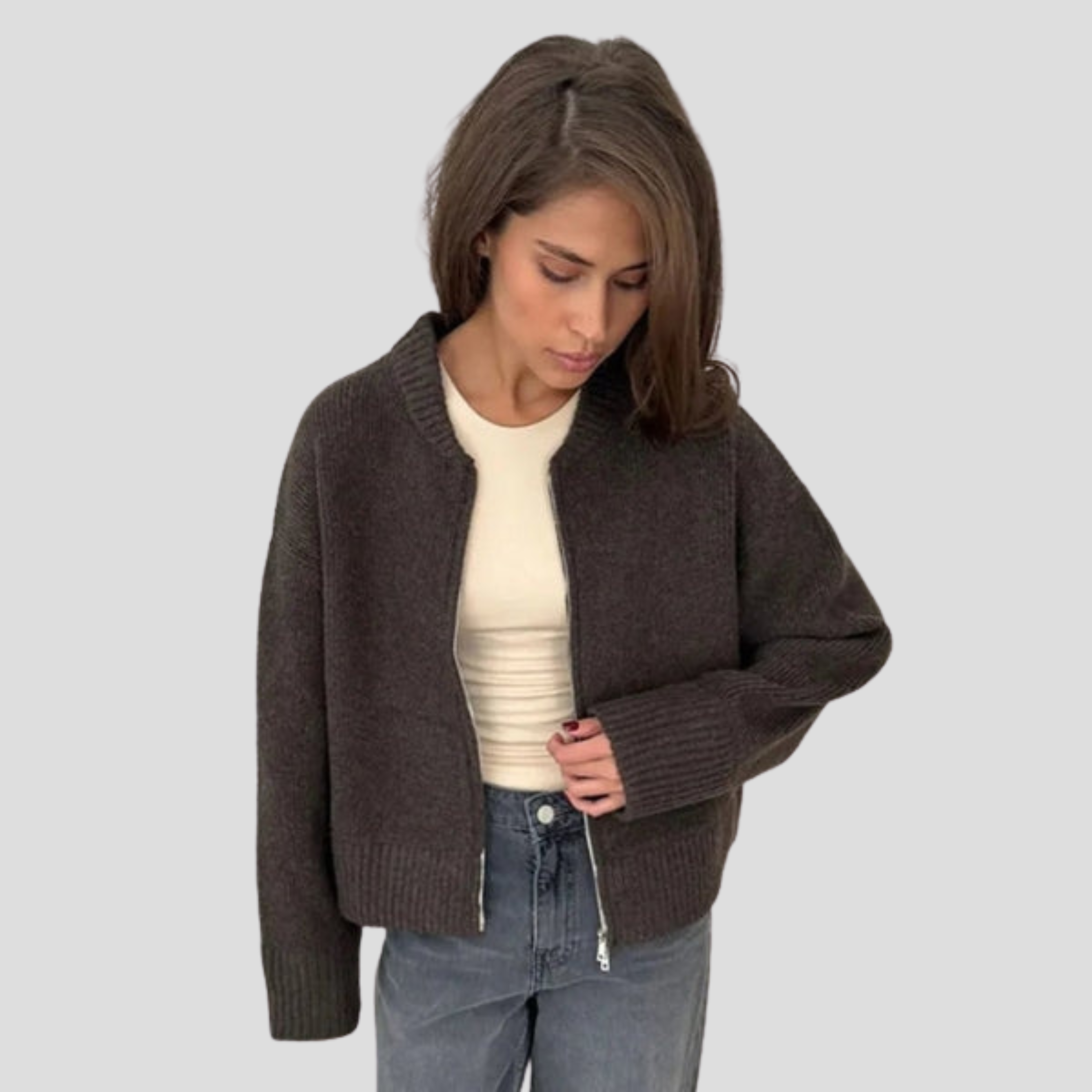 Women's zip-front relaxed cardigan shown in brown, beige and grey