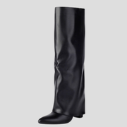 Sculpted knee-high boots with square heel, shown in black, pink and white