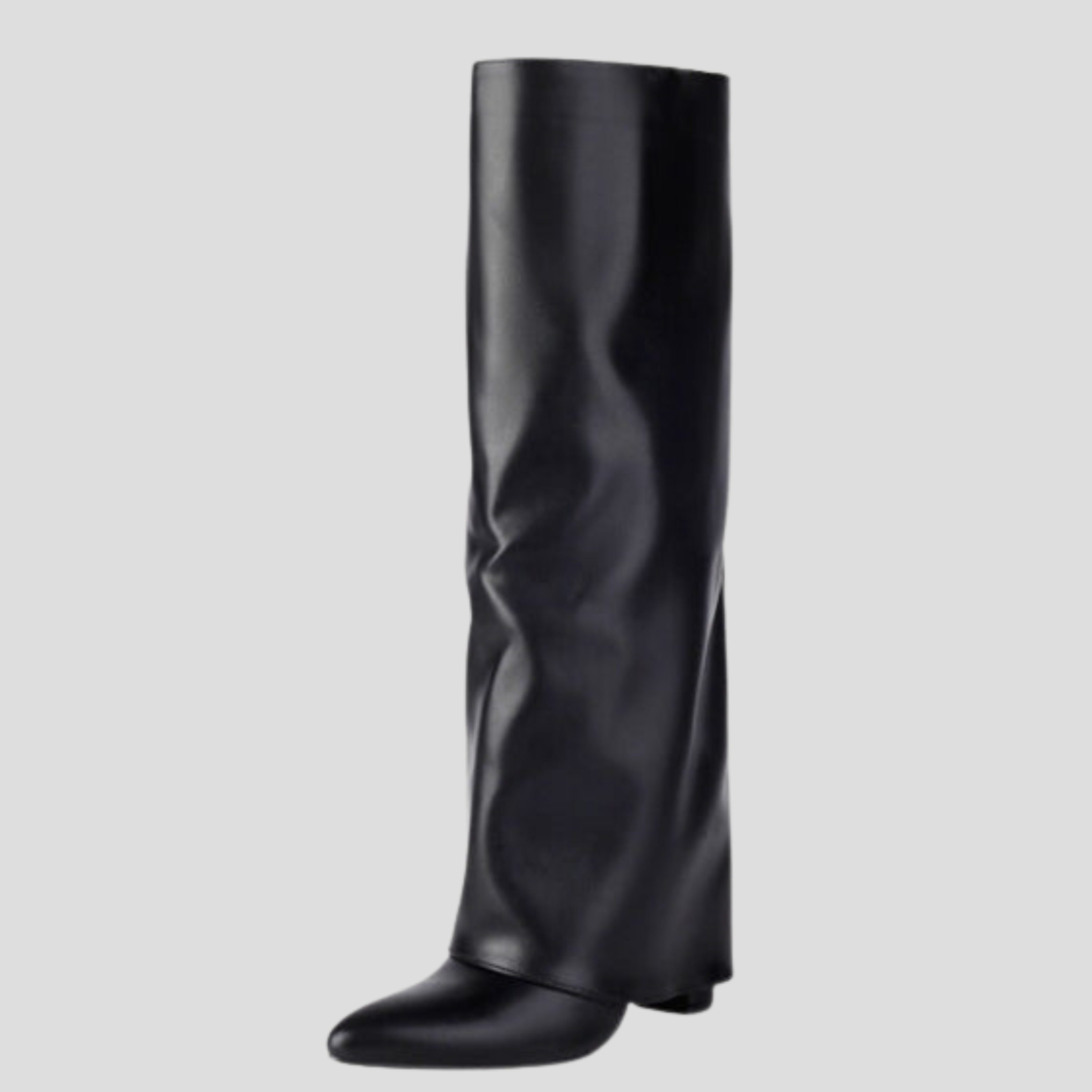 Sculpted knee-high boots with square heel, shown in black, pink and white