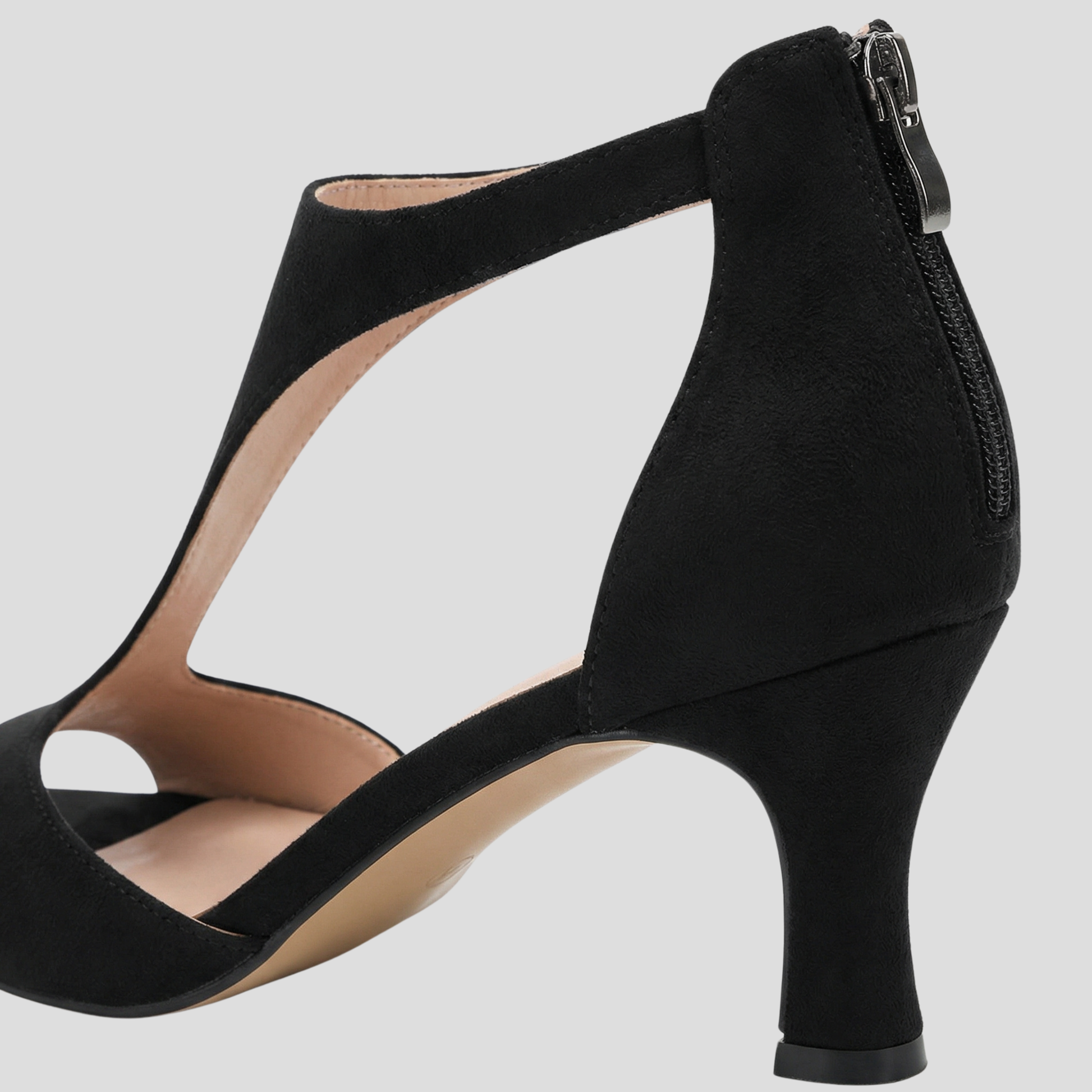 Women's sculpted cutout high-heel sandals with streamlined ankle strap in black and pink