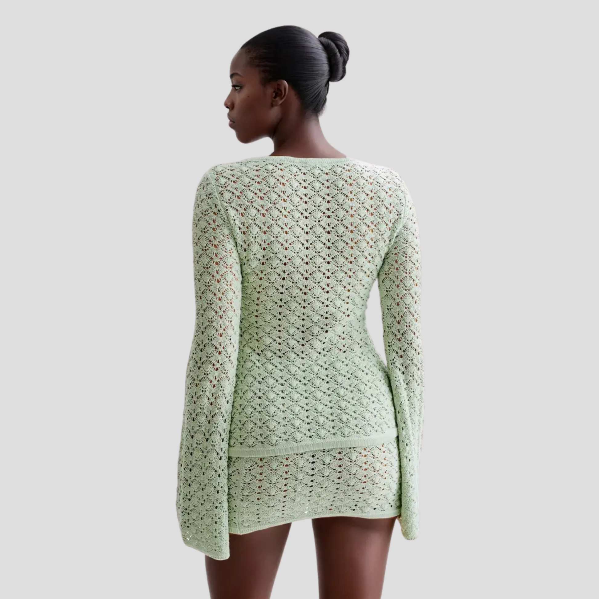 Amalfi V-neck knit top and coordinated front-split skirt set in green and white