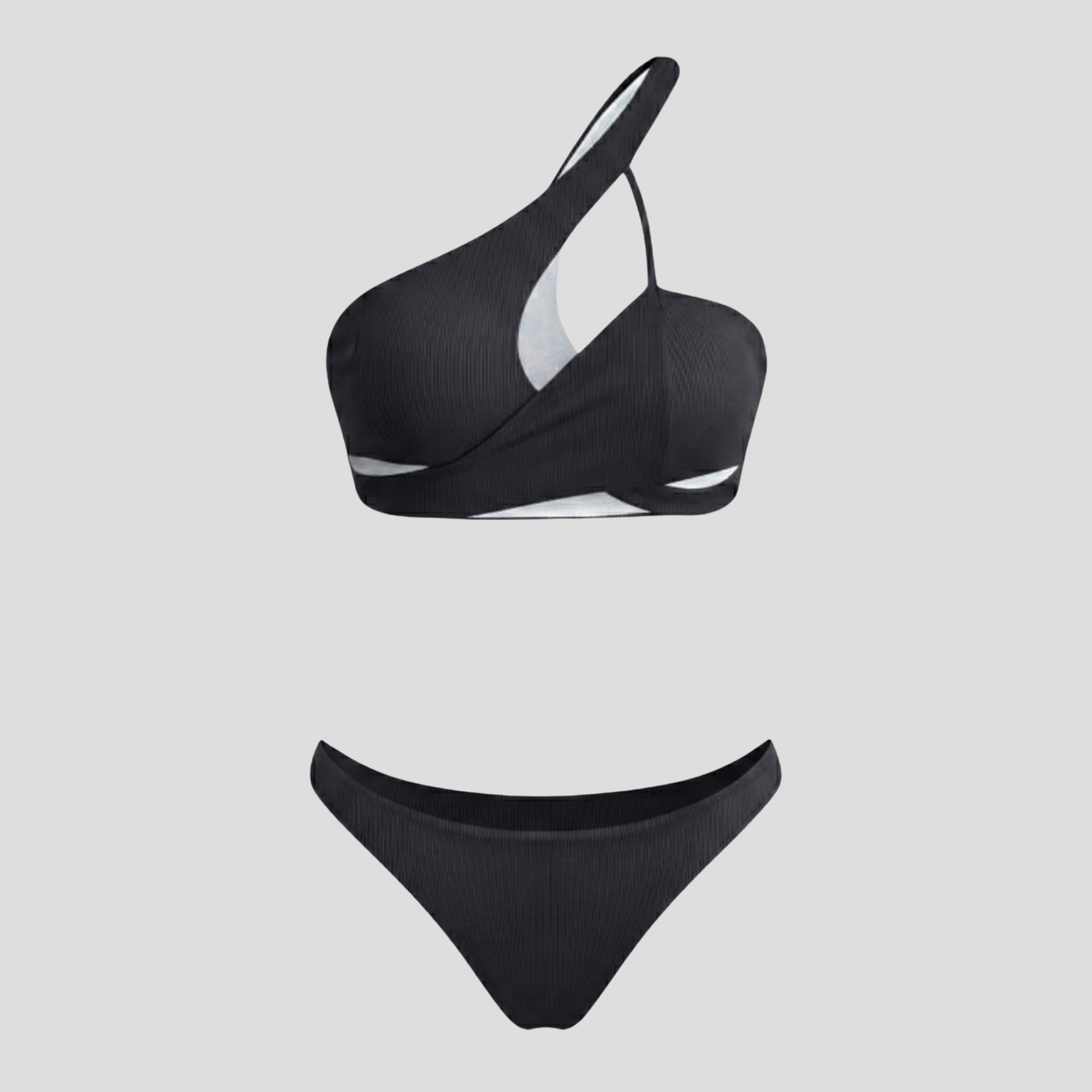 Women's one-shoulder ribbed bikini set with asymmetric wrap and cut-out detailing