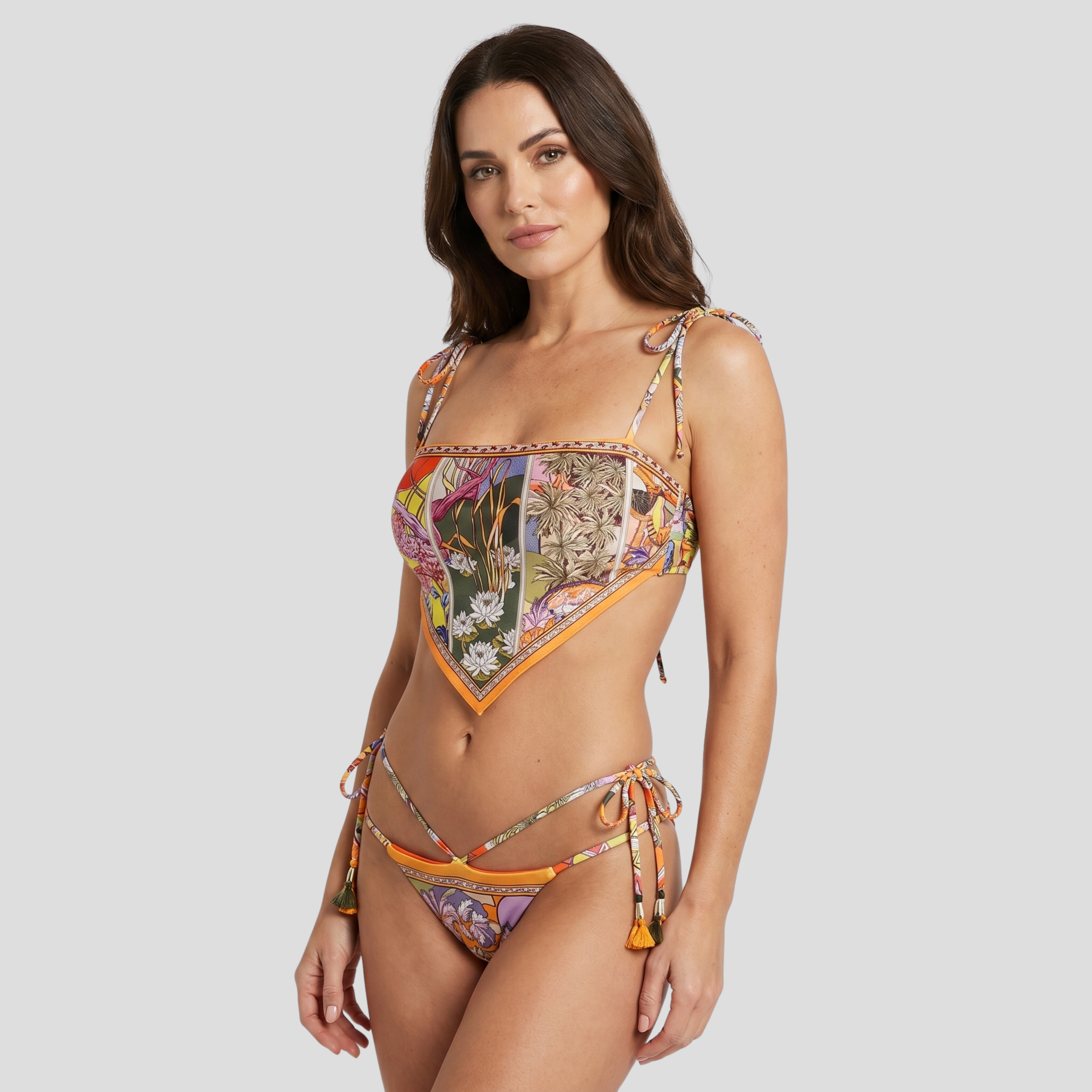Women's multicolor botanical print bikini set with scarf-hem top and side-tie bottoms