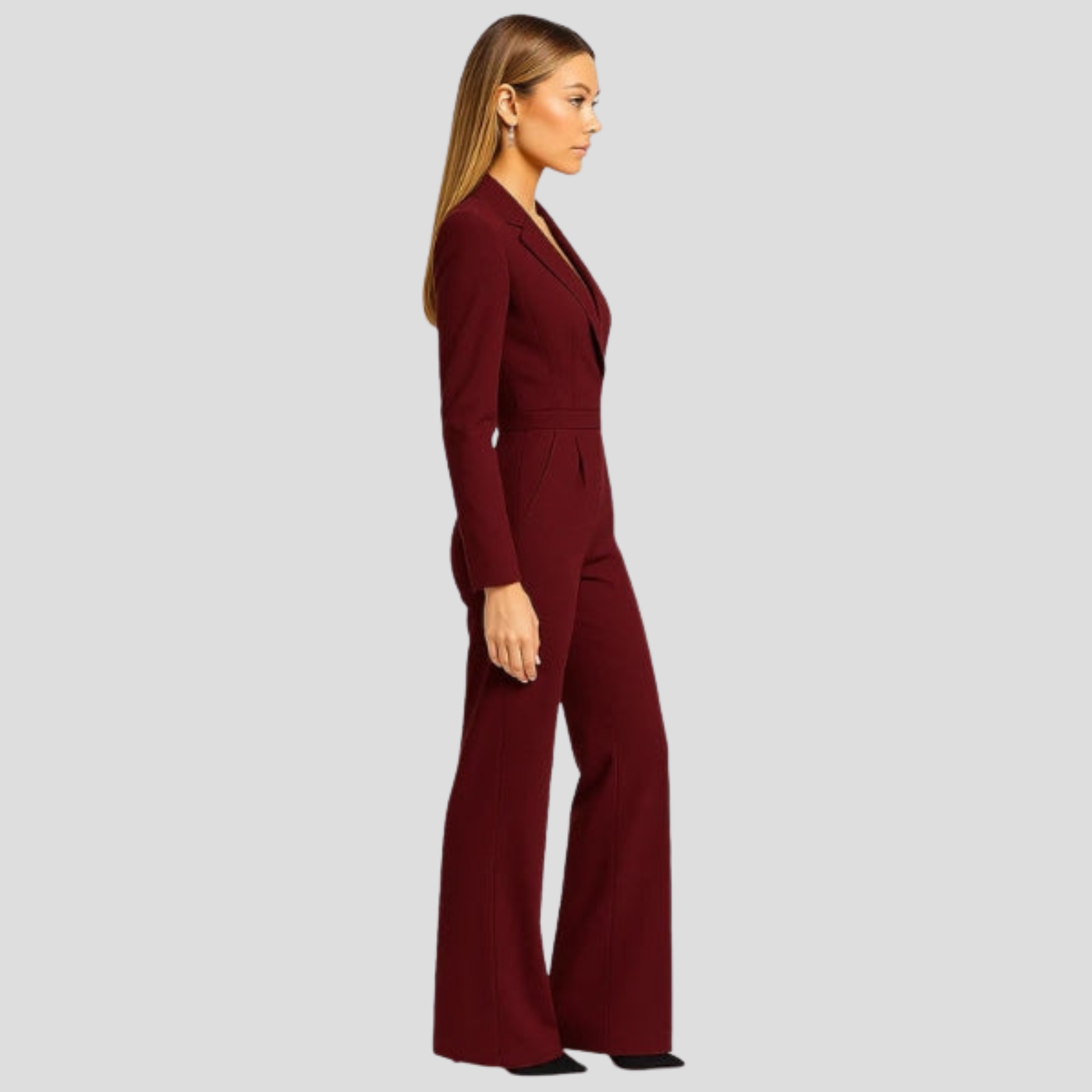 Women's V-neck wide-leg jumpsuit shown in red, white, and green