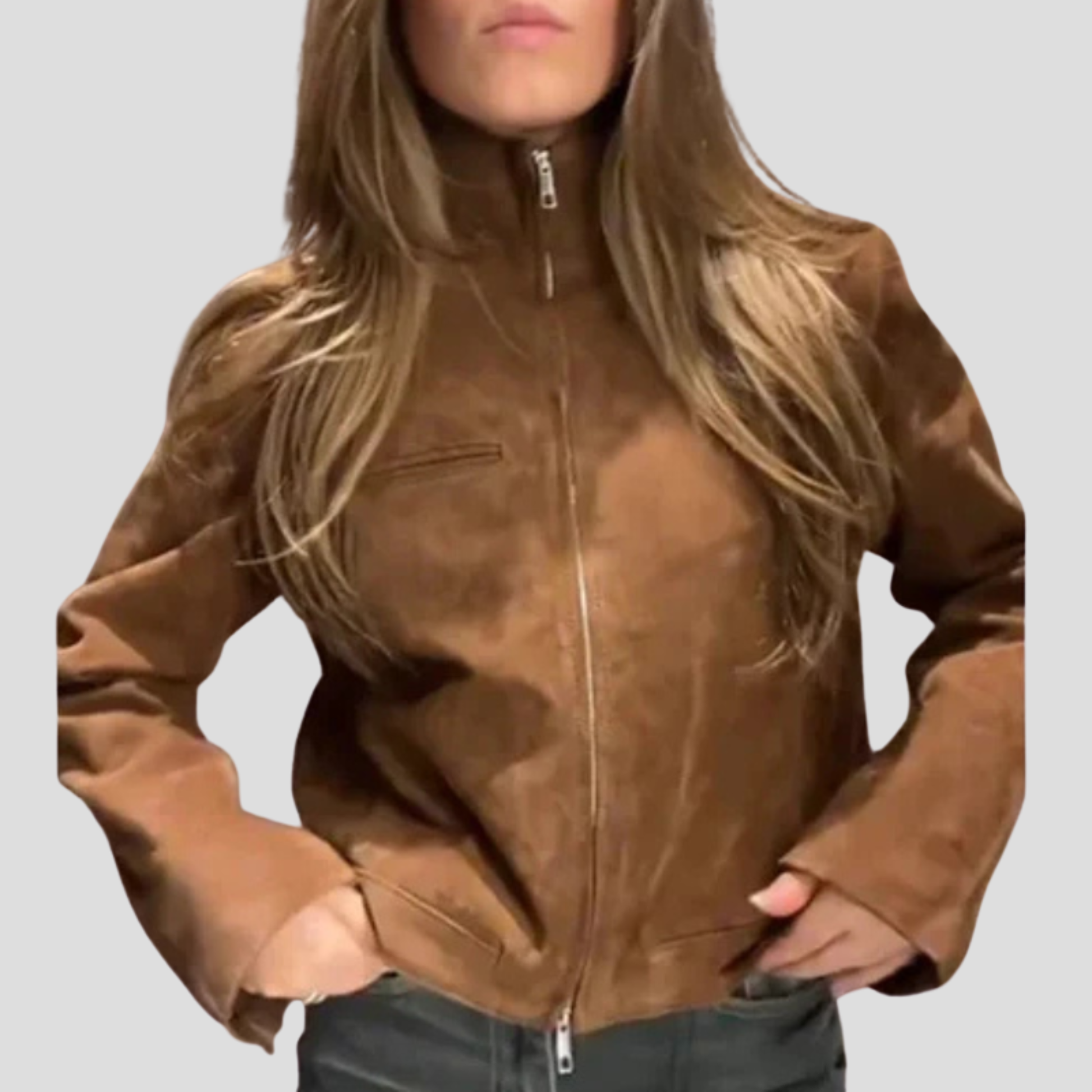 Beige cropped women's jacket with stand collar for everyday wear
