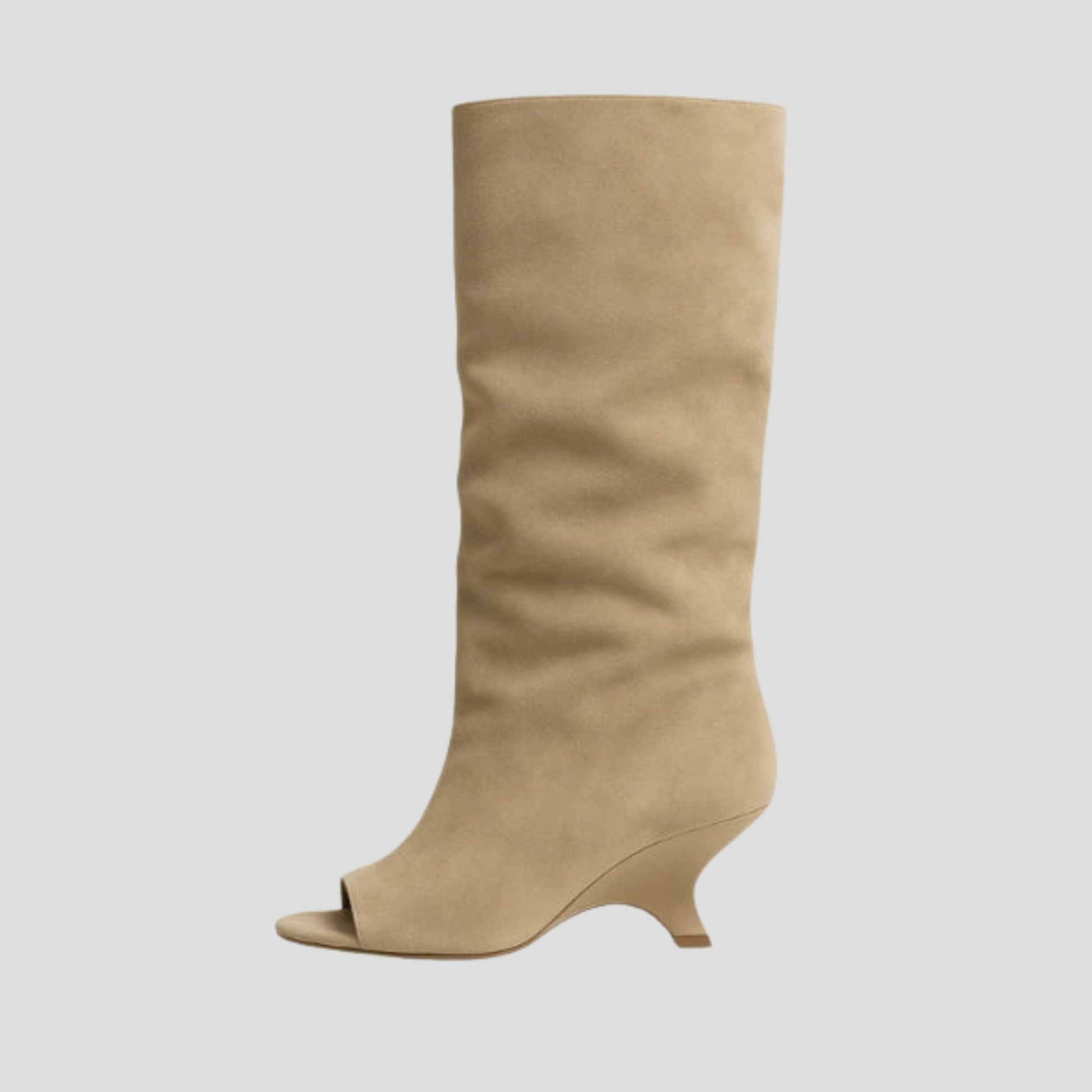 Women's open-toe knee-high boots with a clean vertical structure, shown in a neutral tone