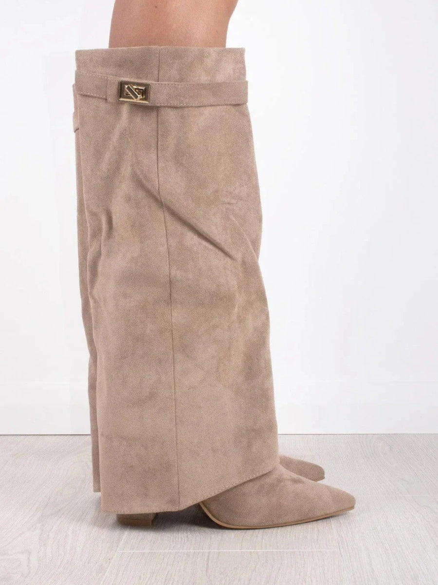 Elegant women's suede and leather boots with subtle golden accents