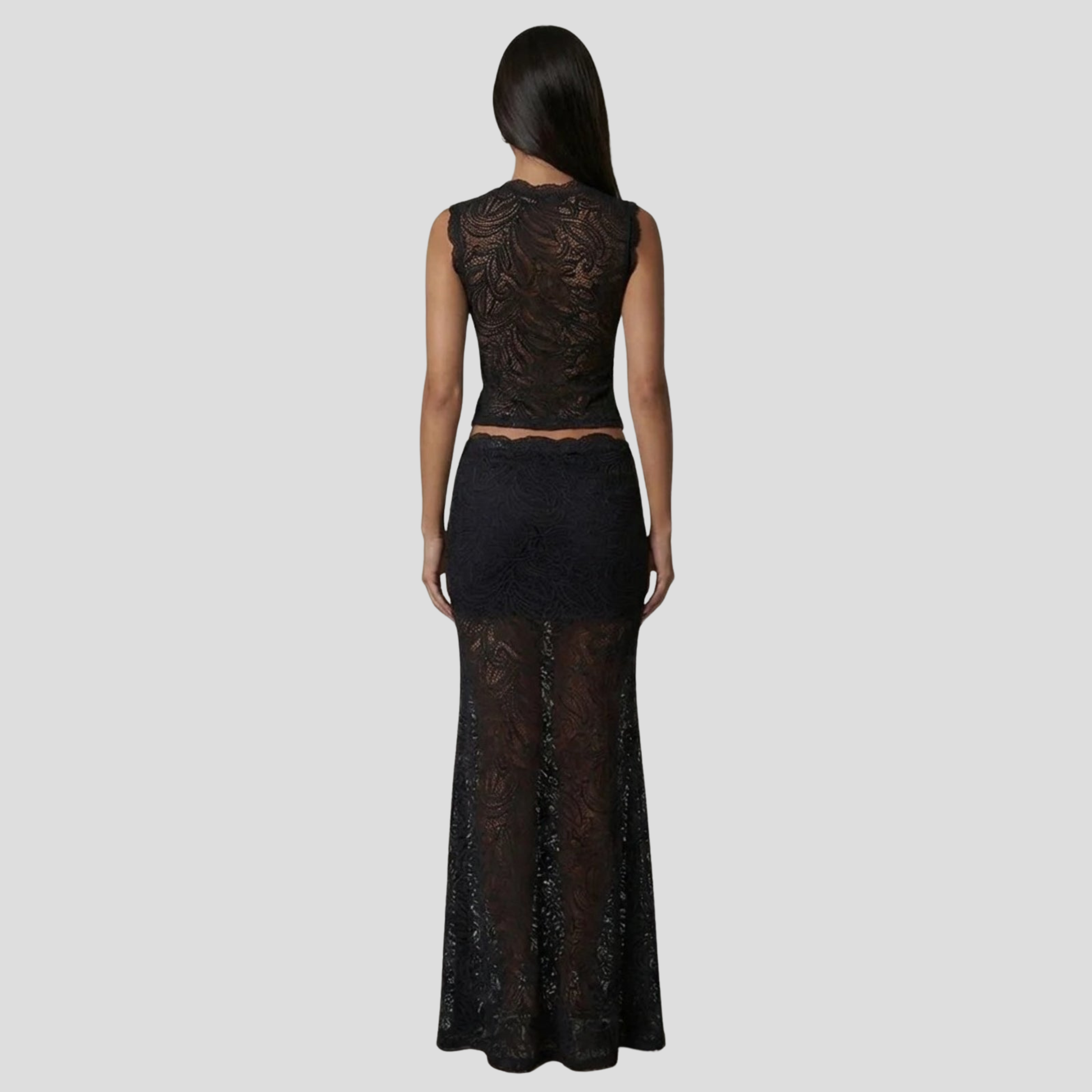 Women's two-piece maxi set with sleeveless cropped top and high-waist skirt in black and red