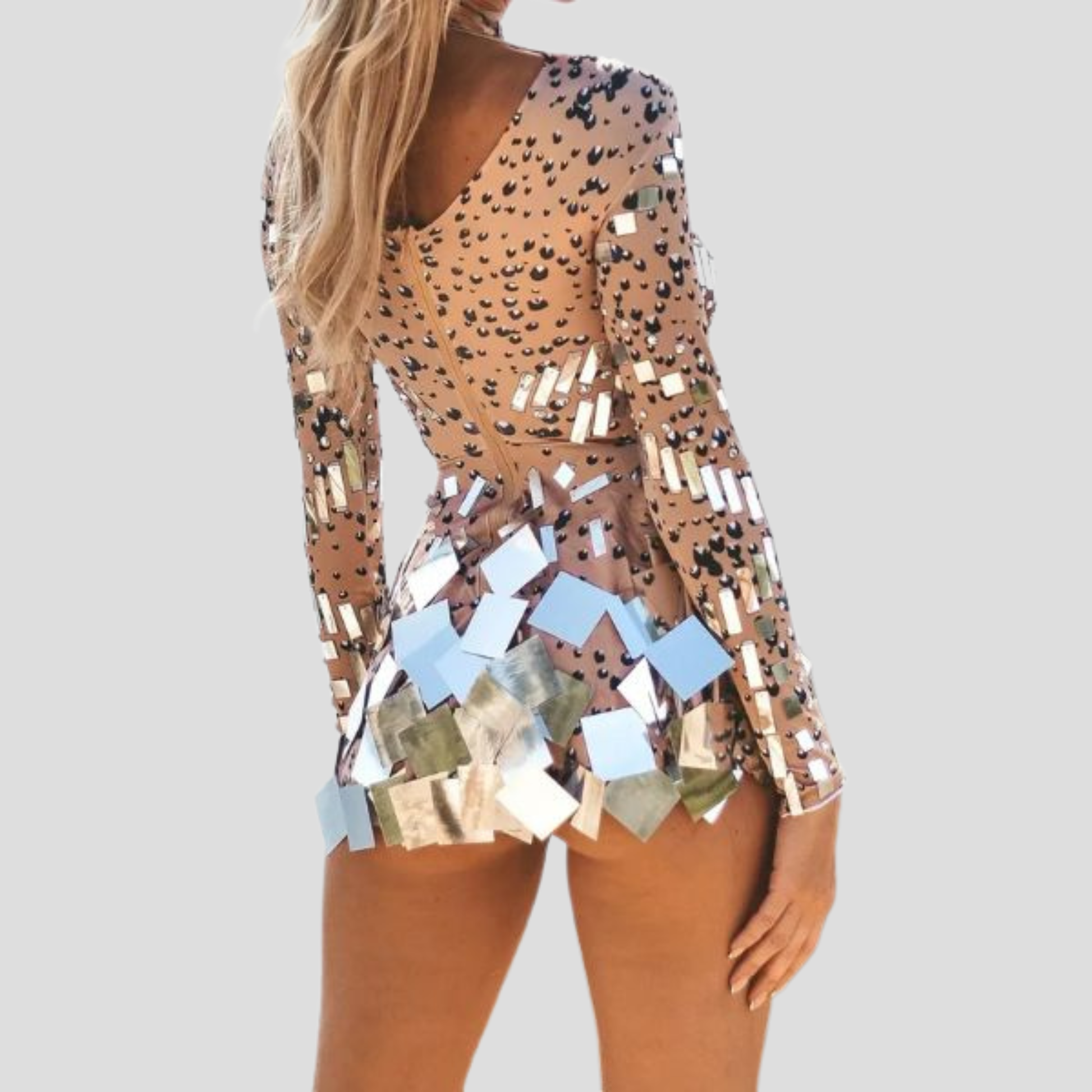 Women's long sleeve fitted sequin evening dress in gold and black