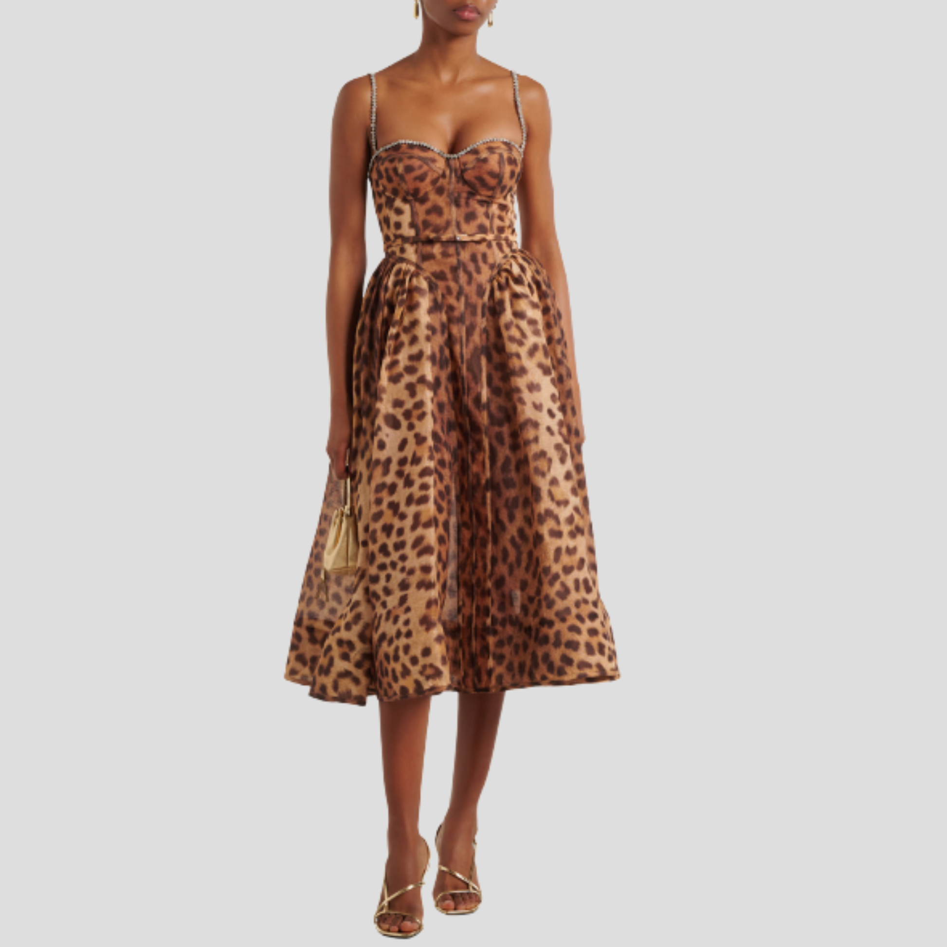 Brown midi dress with corset bodice and defined waist for evening wear