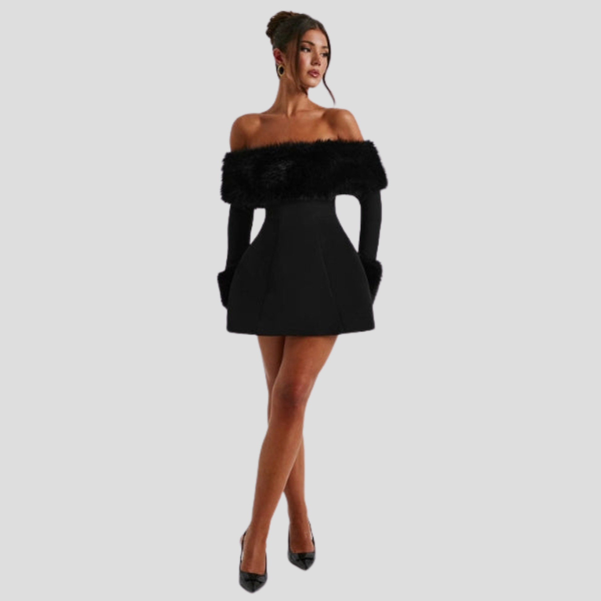 Black off-shoulder mini dress with defined trim silhouette for evening wear