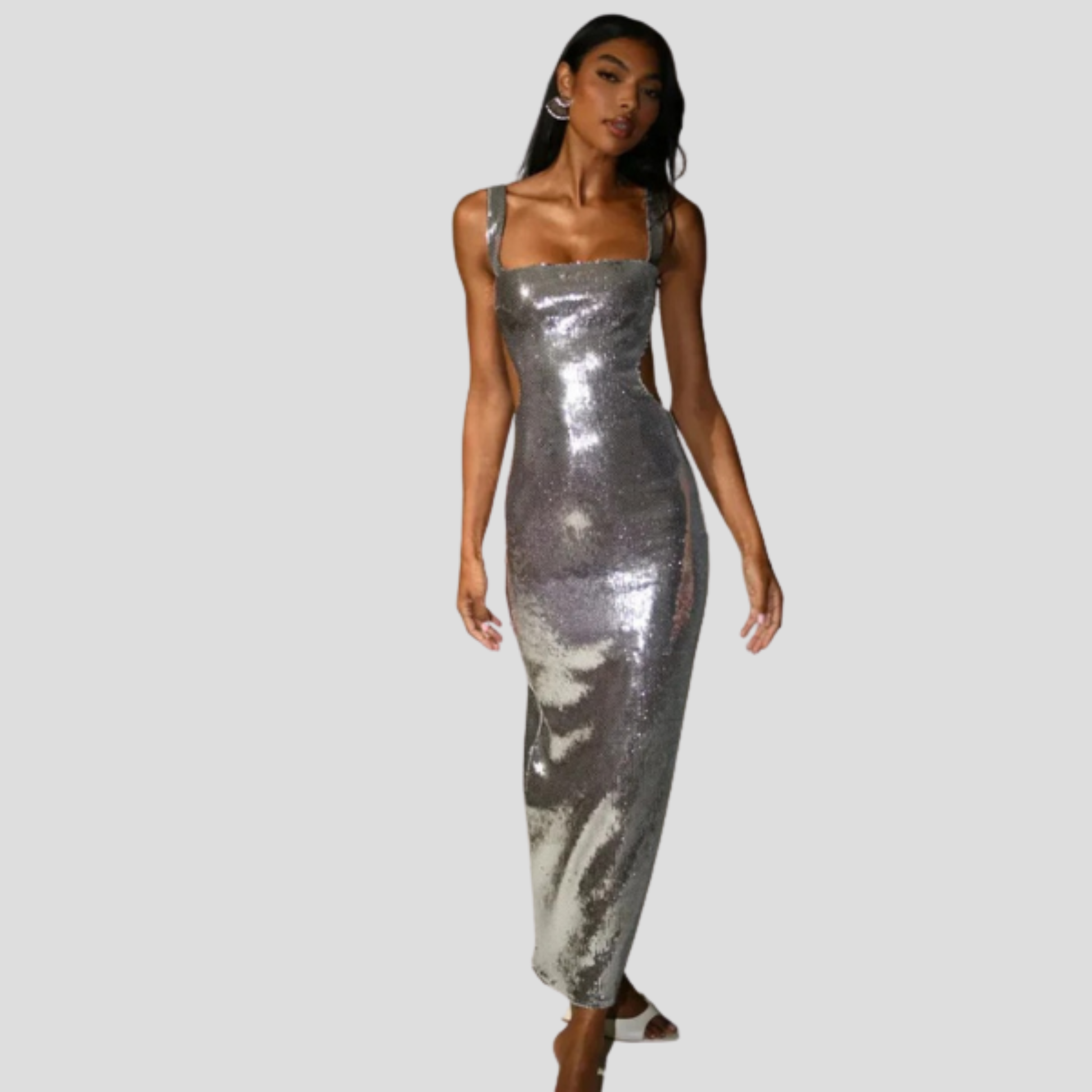 Silver floor-length maxi dress with square neckline and fitted silhouette for evening wear