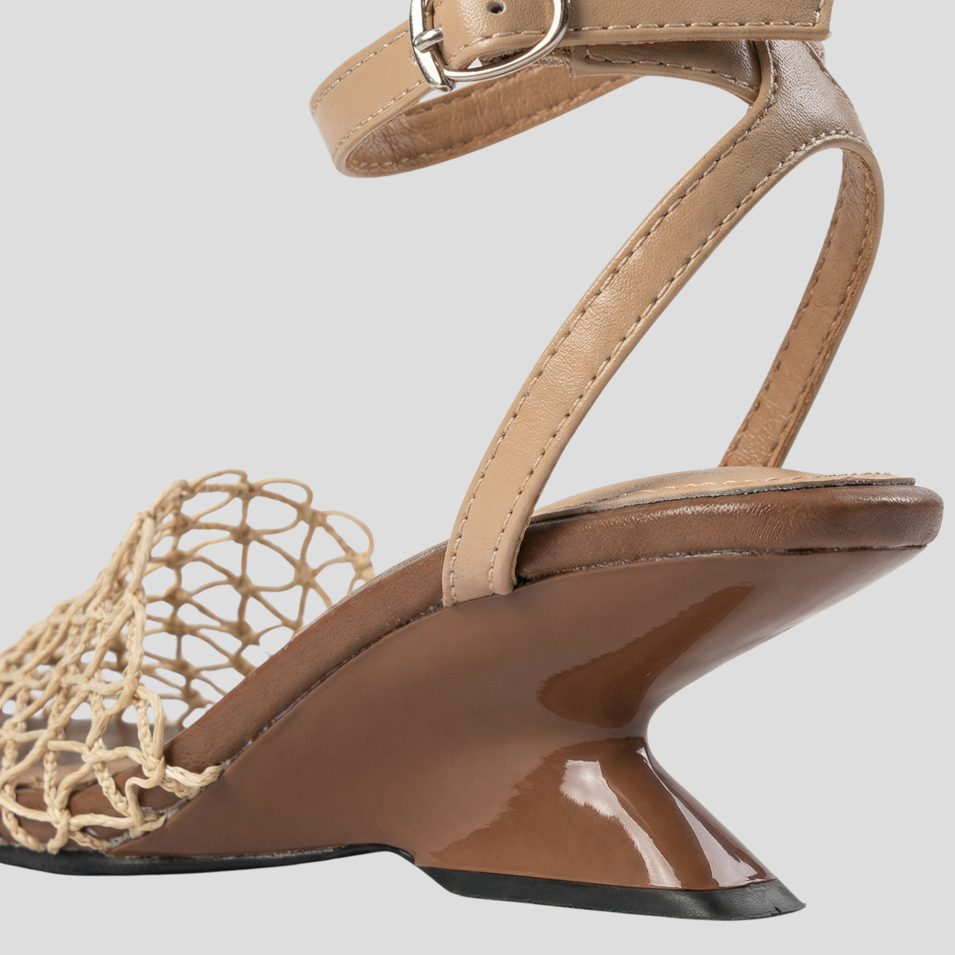 Brown square-toe heeled sandals with net-detail upper for summer