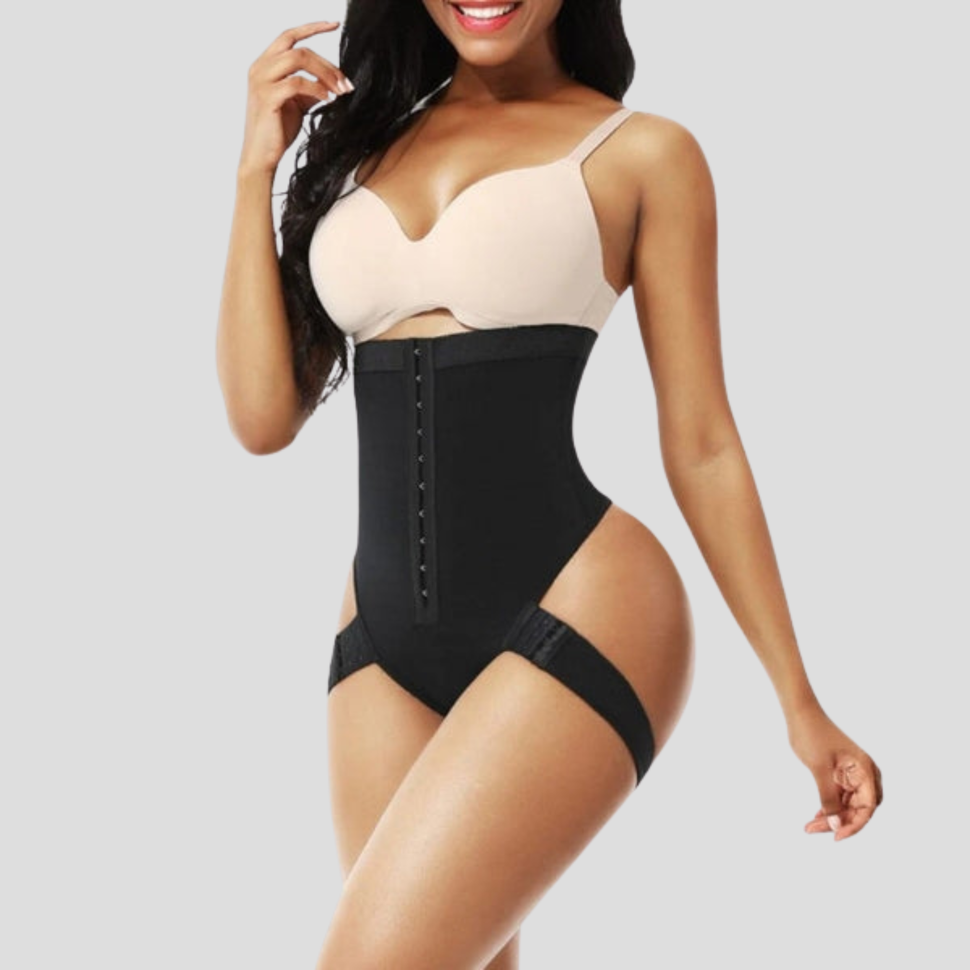 High-waist women's shaping brief with hook-front closure in black and beige